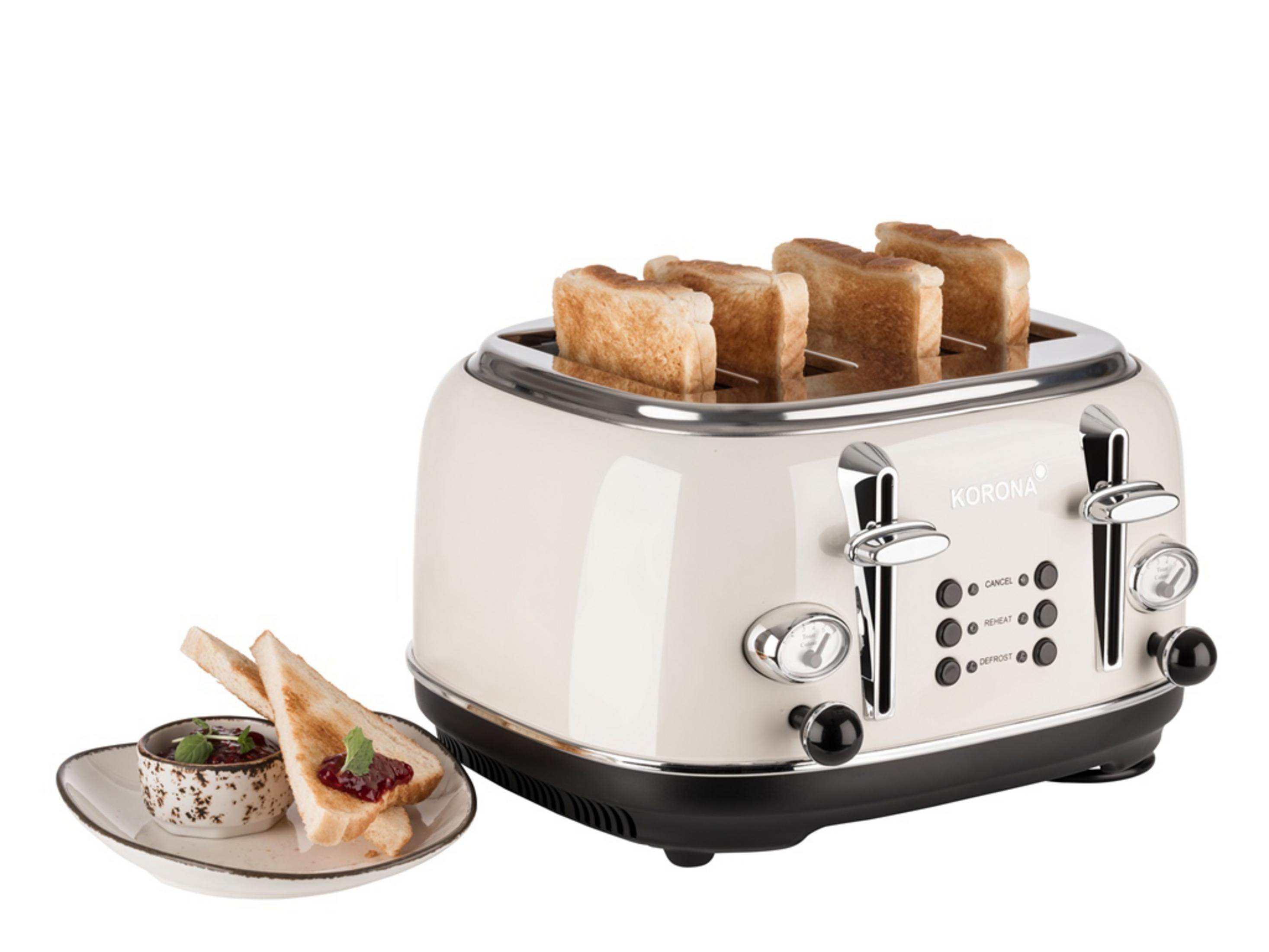 Kremowy toster z czterema kromkami tostów. Tost z dżemem na talerzu.