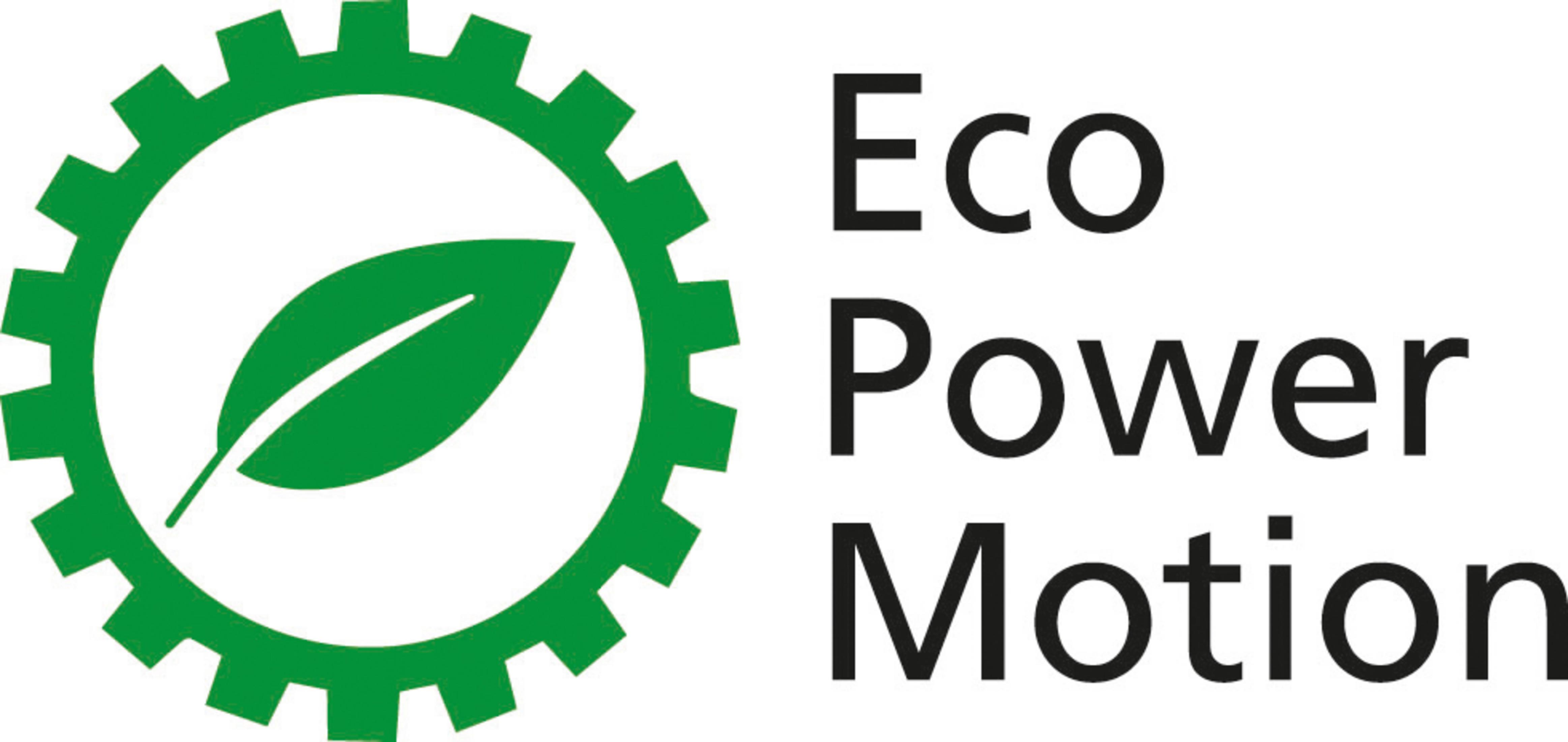 Zielone koło zębate z liściem w środku. Tekst: 'Eco Power Motion'.