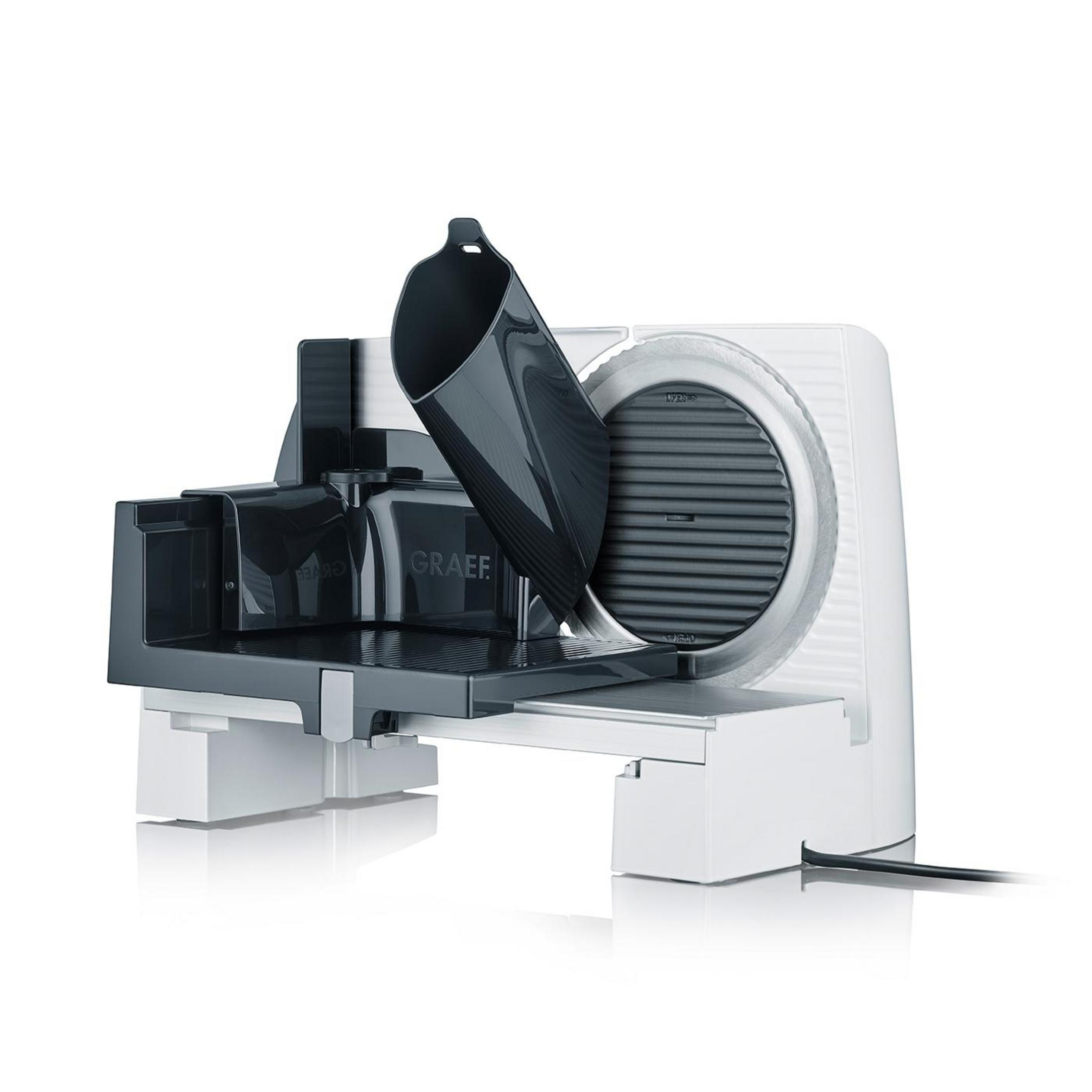 Biało-szara krajalnica do żywności z ciemnoszarą osłoną ostrza i czarnym uchwytem. Na białym tle.