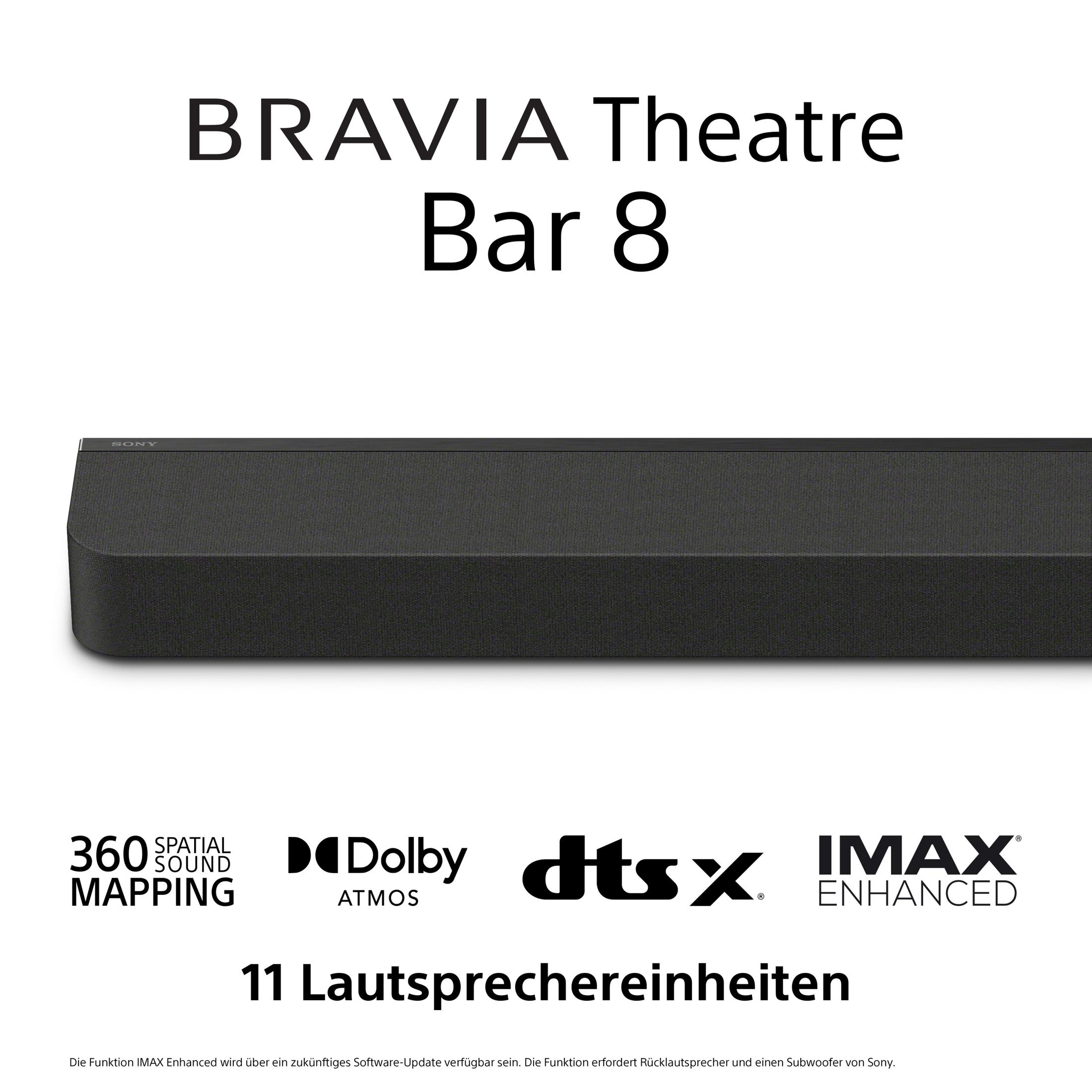Schwarze Soundbar mit weißem Text, Logos. 360 Spatial Sound, Dolby Atmos, DTS:X, IMAX Enhanced und 11 Lautsprecher.