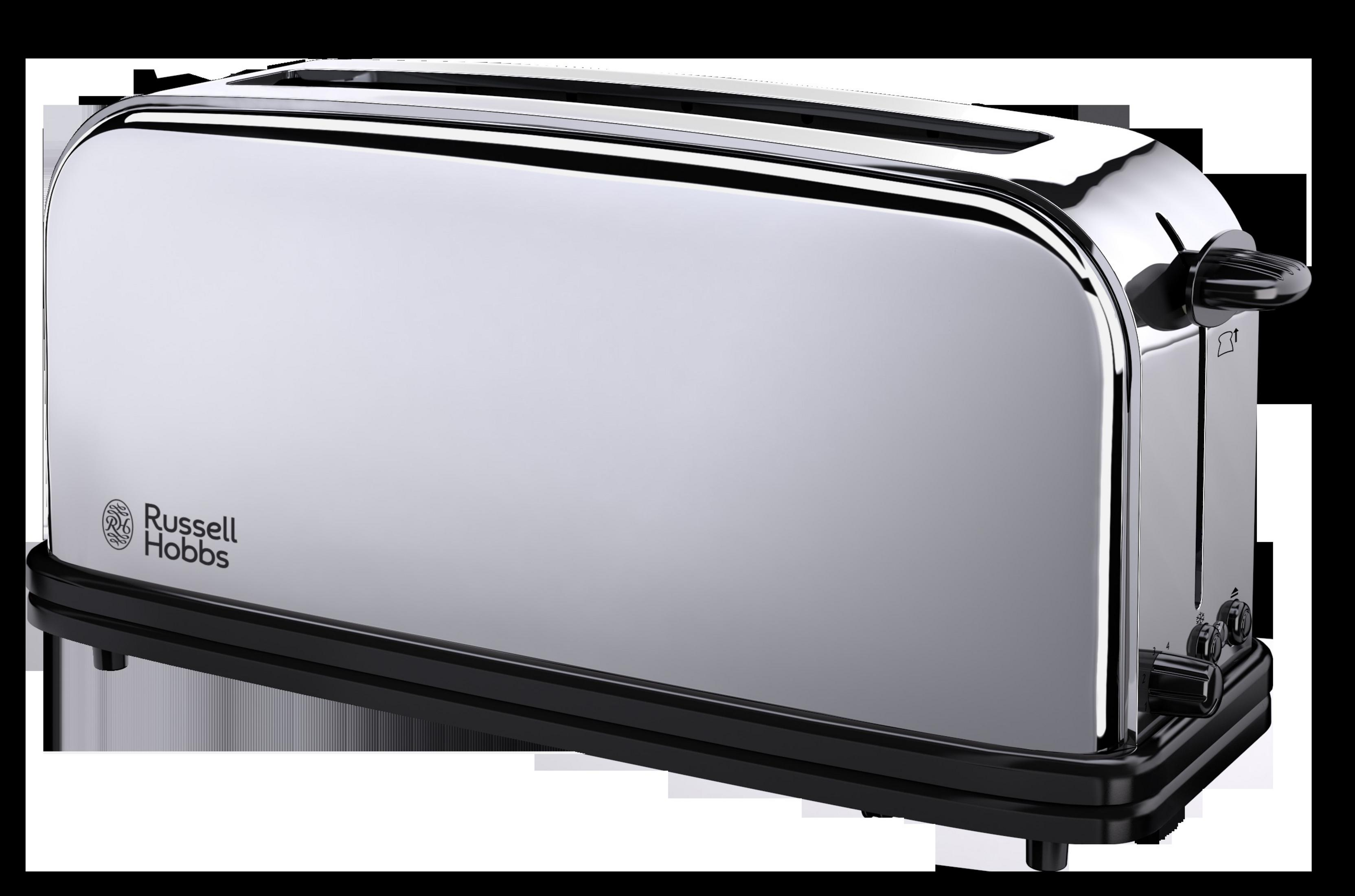 Silberner Toaster mit schwarzem Sockel. Russell Hobbs Logo vorne. Weißer Hintergrund.
