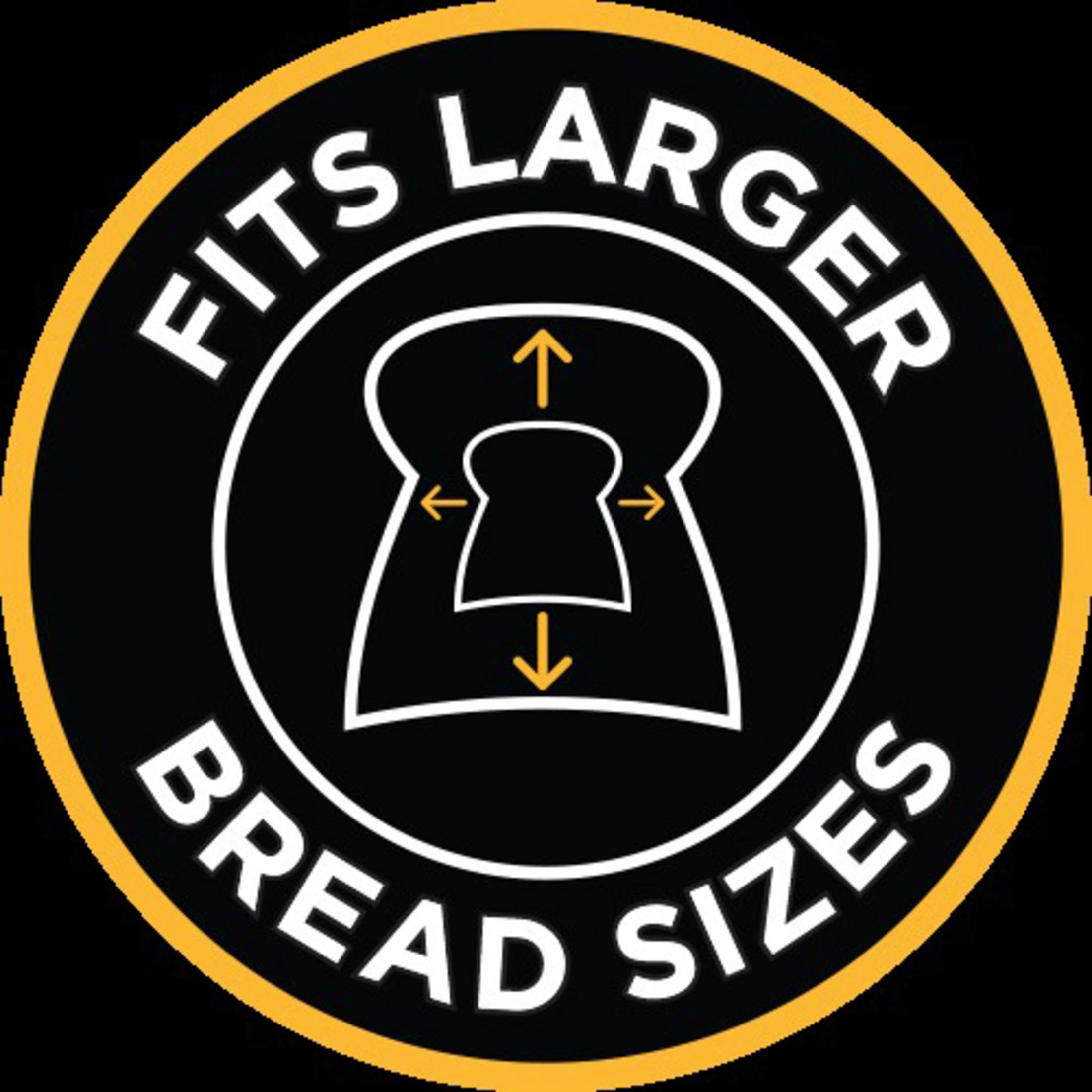 Schwarz-gelber Kreis mit Text: Passt für größere Brotgrößen, und Brotillustration.