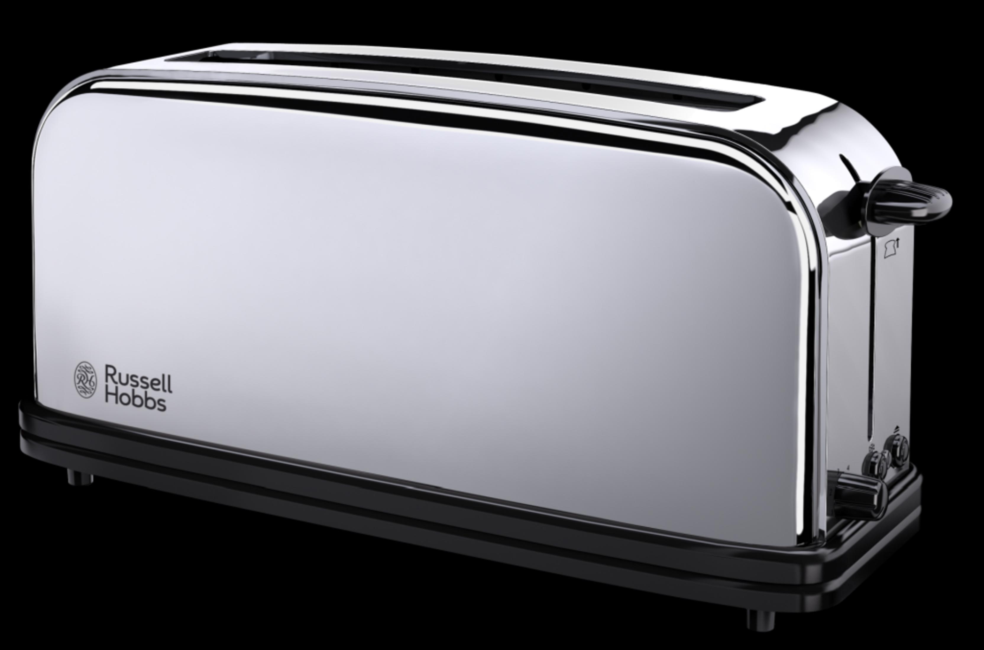 Silberner Toaster mit schwarzem Sockel. Russell Hobbs Logo vorne. Dunkler Hintergrund.