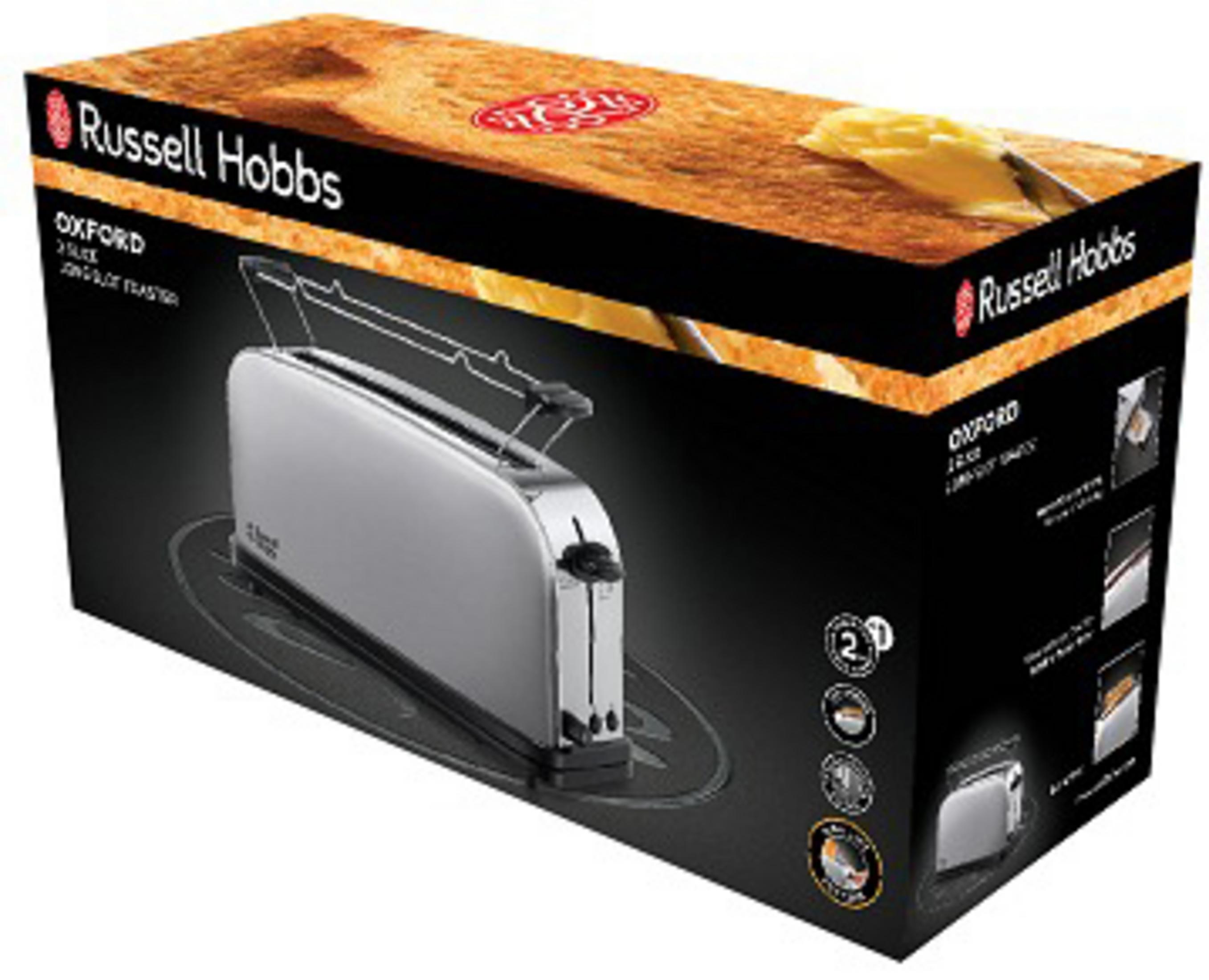 Toster Russell Hobbs w pudełku, ze zdjęciem tostowanego chleba na górze.