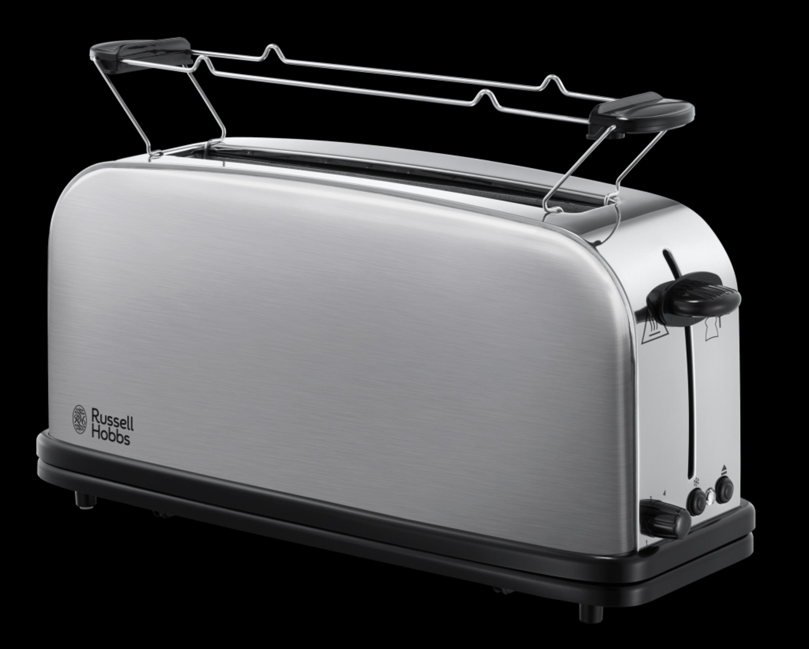 Srebrny toster Russell Hobbs z czarnymi detalami na czarnym tle.
