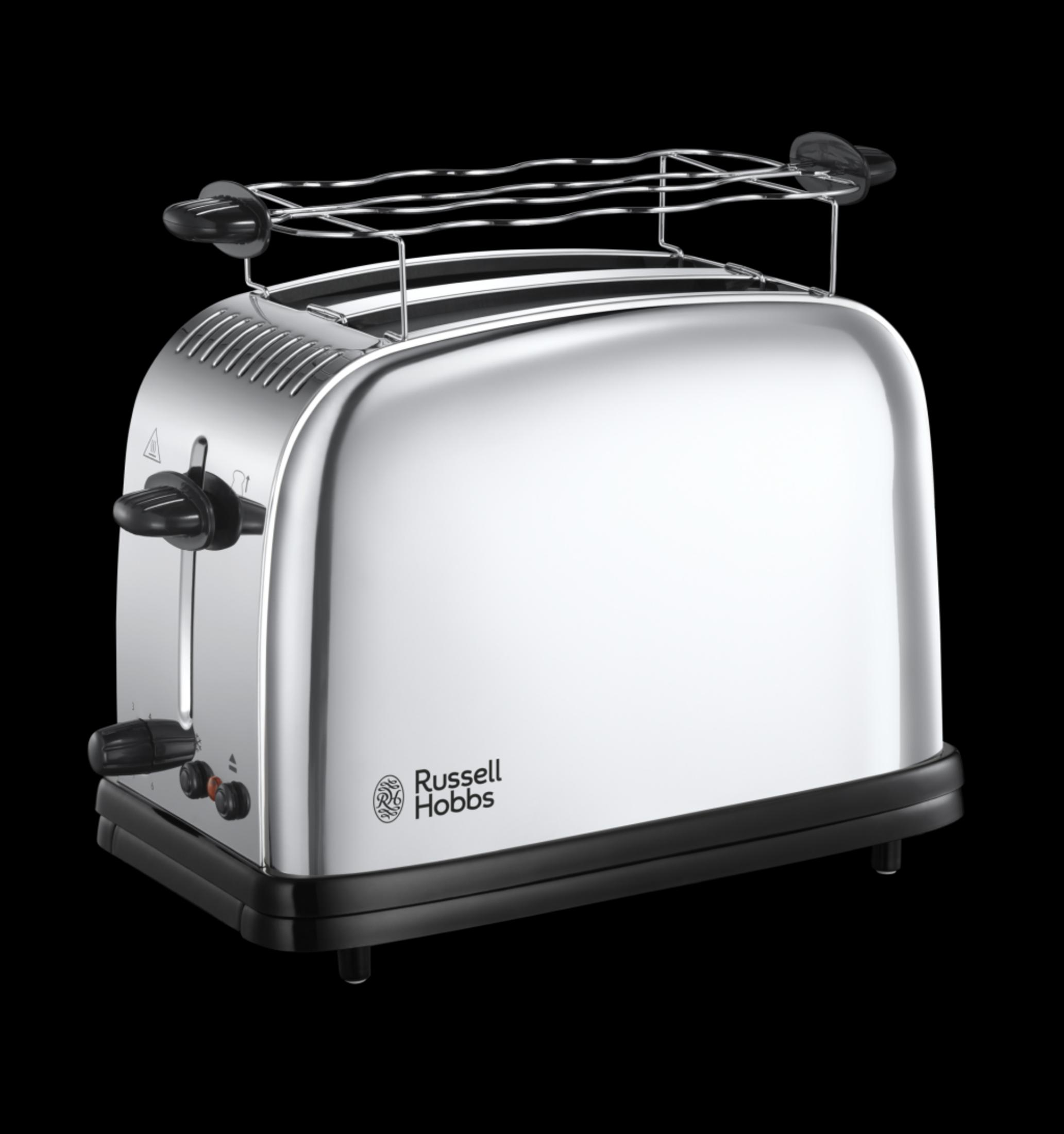 Srebrny toster z czarną podstawą. Logo Russell Hobbs z przodu. Czarny uchwyt.