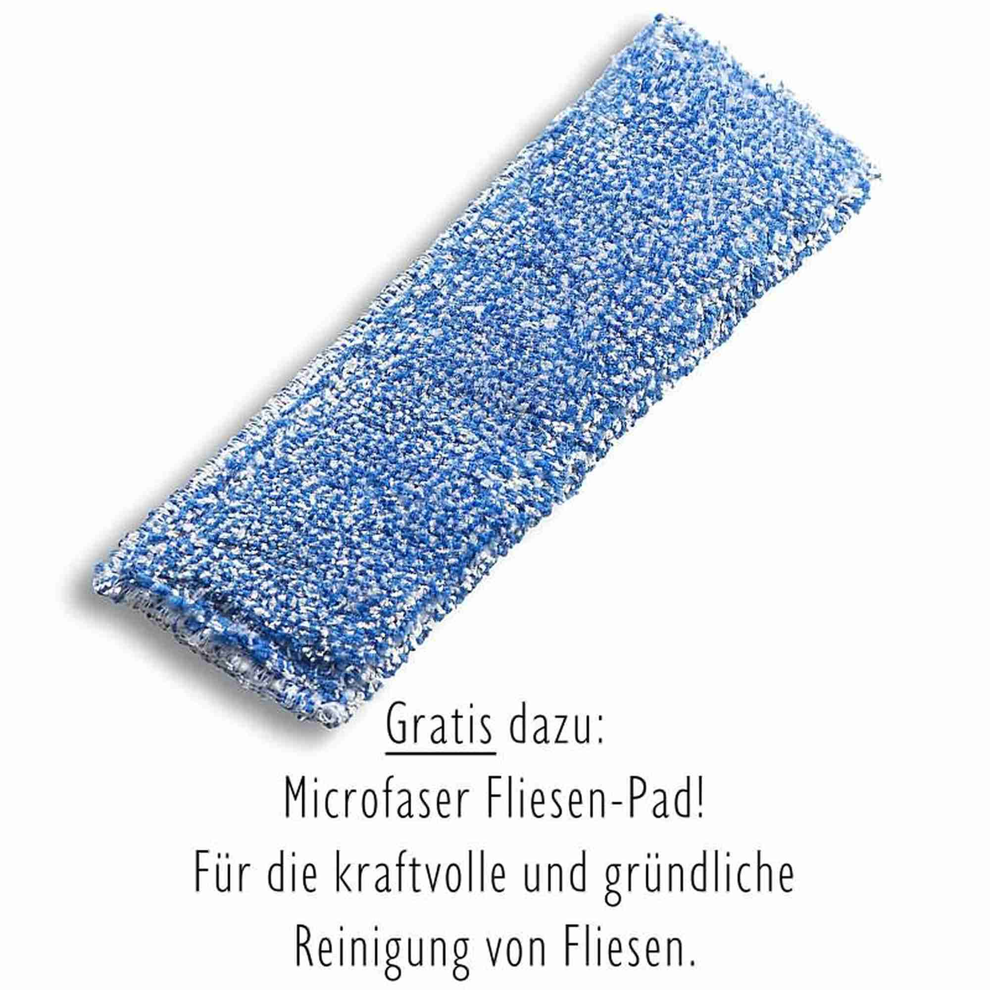 Niebiesko-biała podkładka z mikrofibry z tekstem informującym, że jest darmowa do czyszczenia płytek.