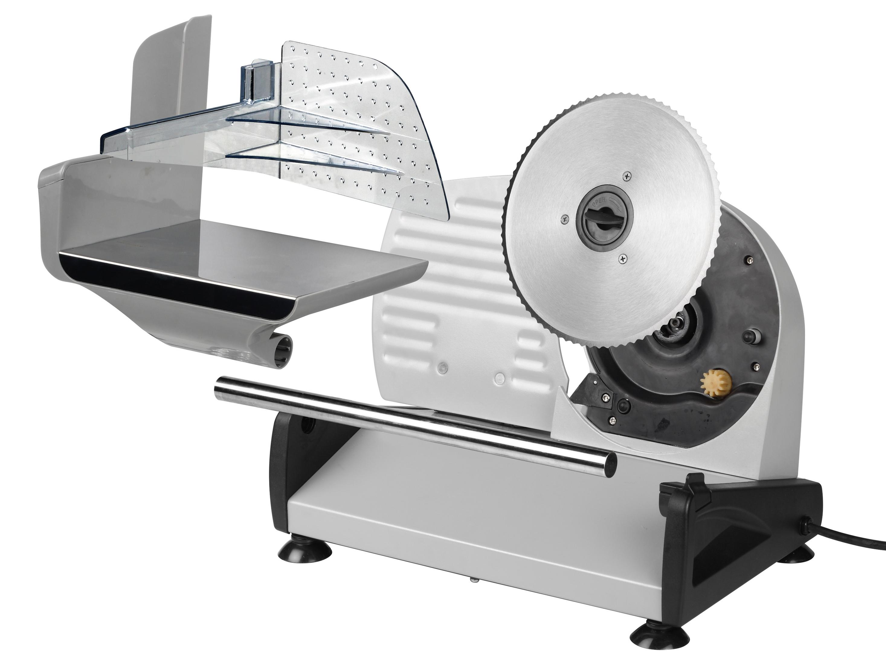 Trancheuse à viande argentée avec une lame, un plateau et une protection transparente.
