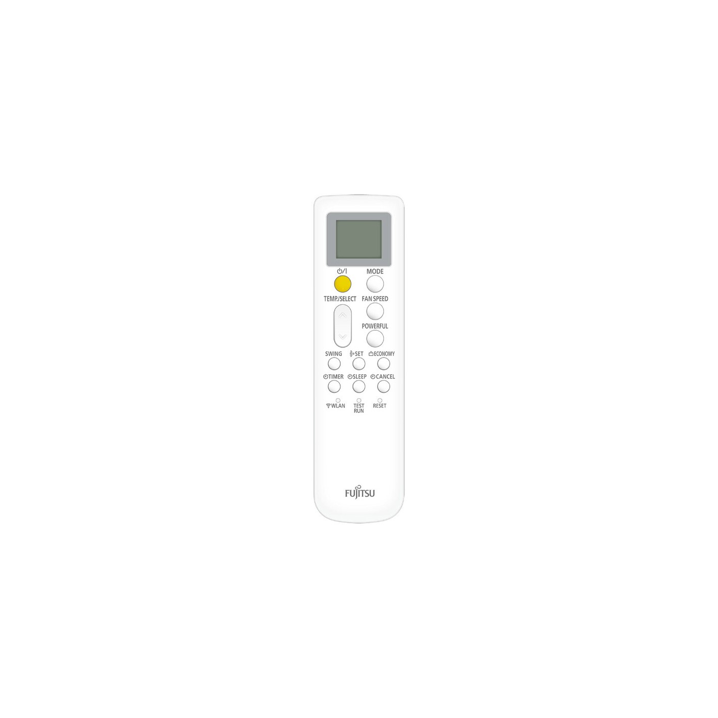 Telecomando bianco con pulsanti, uno schermo e il marchio 'Fujitsu'.