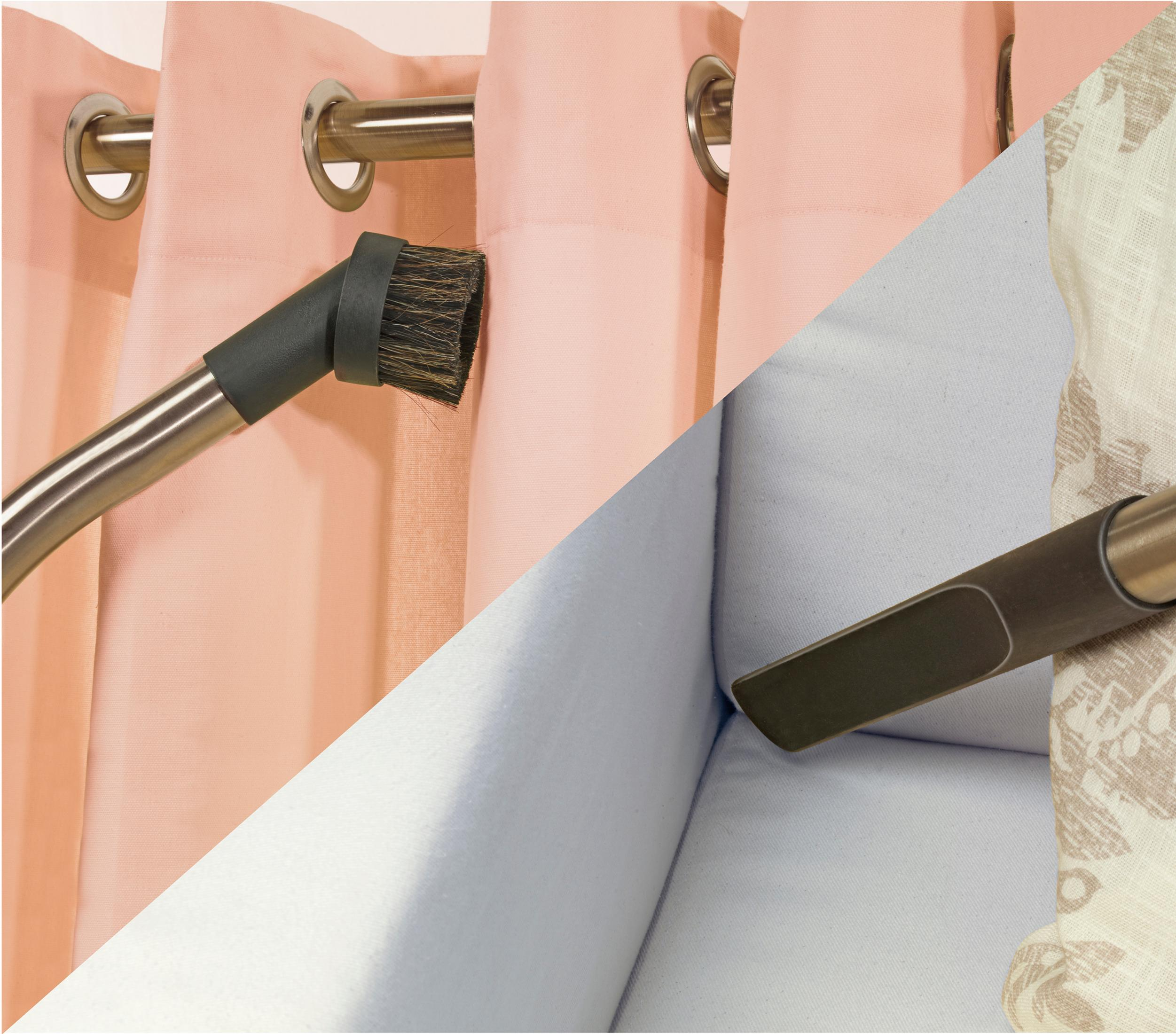 Odkurzacz czyszczący zasłony i sofę. Scena jest podzielona.