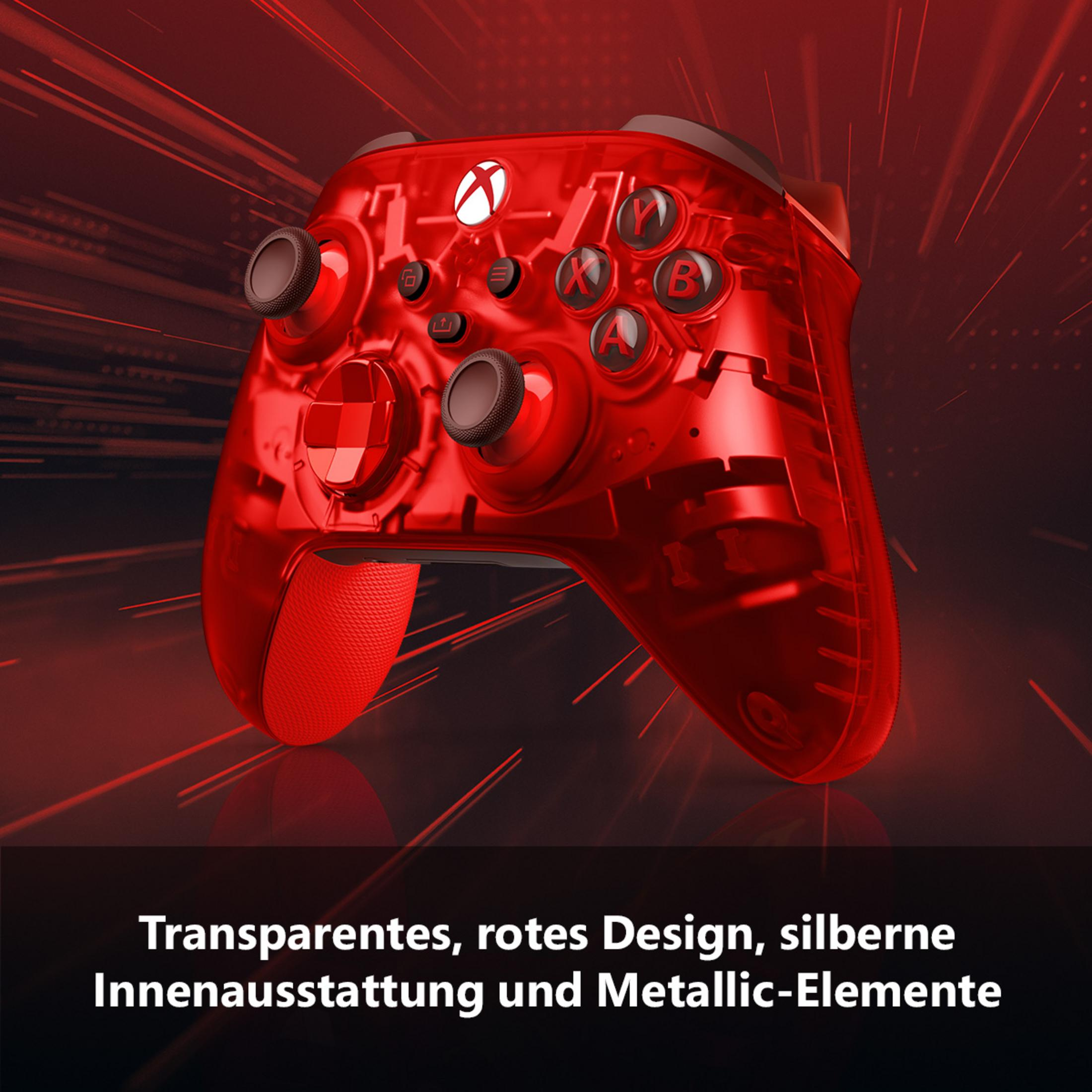 Mando de juego rojo transparente con botones y fondo rojo.