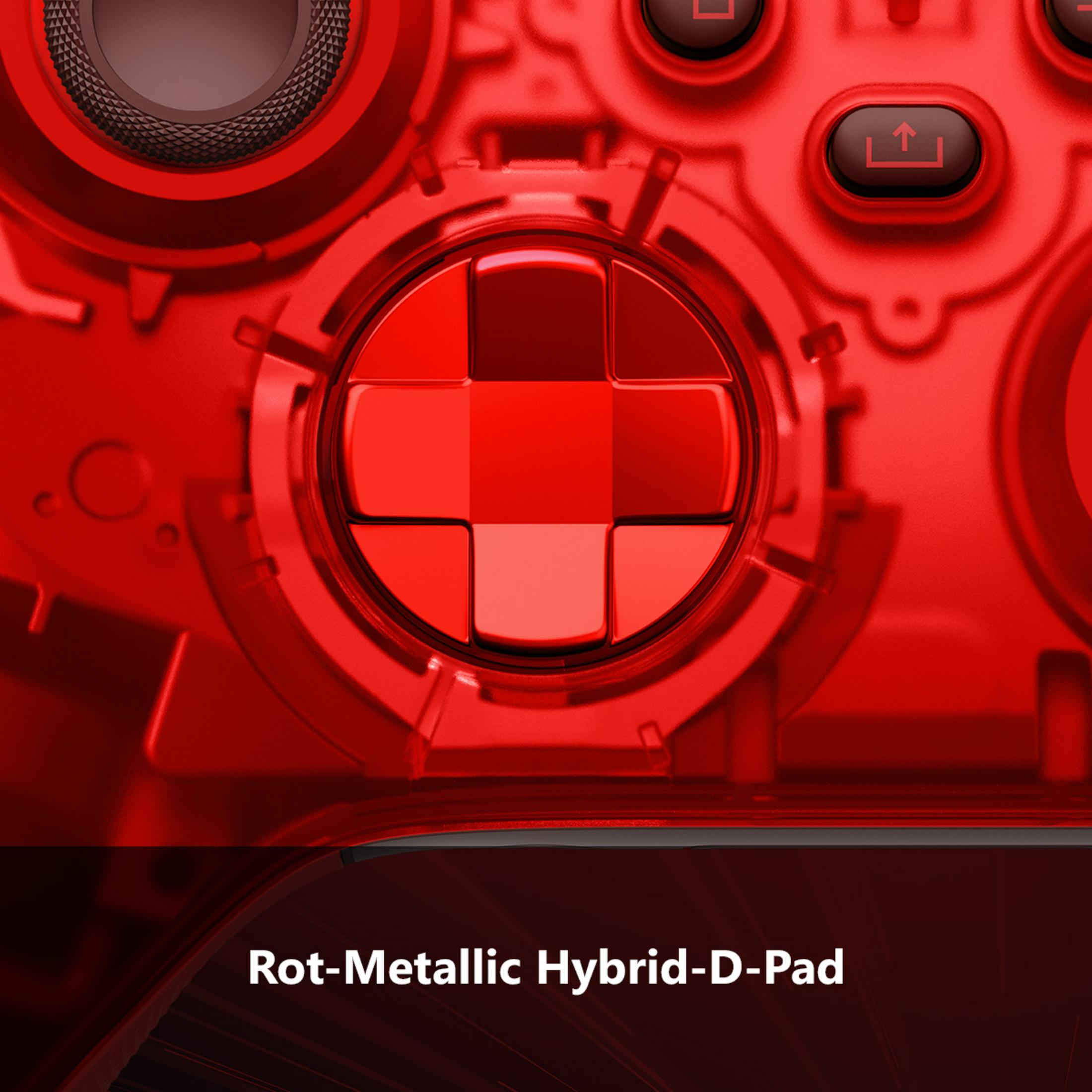 Primer plano del pad direccional rojo en un mando de juego.