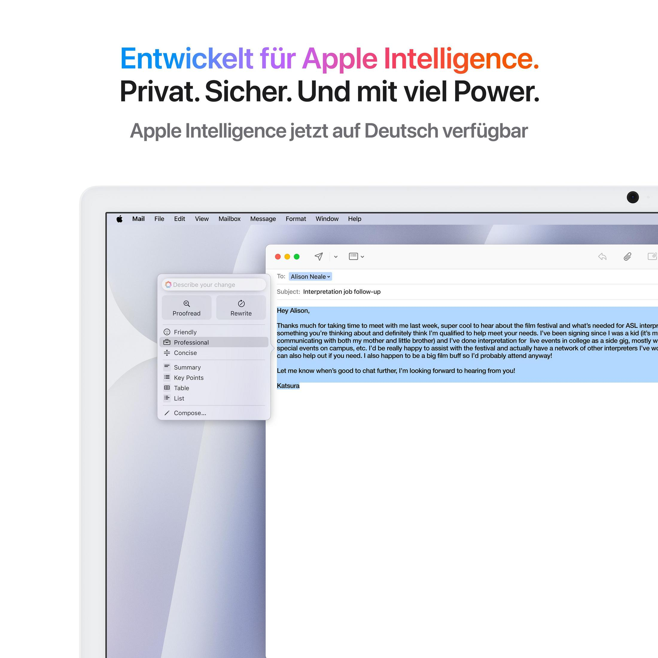 Schermo del laptop che mostra un'e-mail. In alto c'è scritto "Apple Intelligence". Una barra laterale è visibile a sinistra.