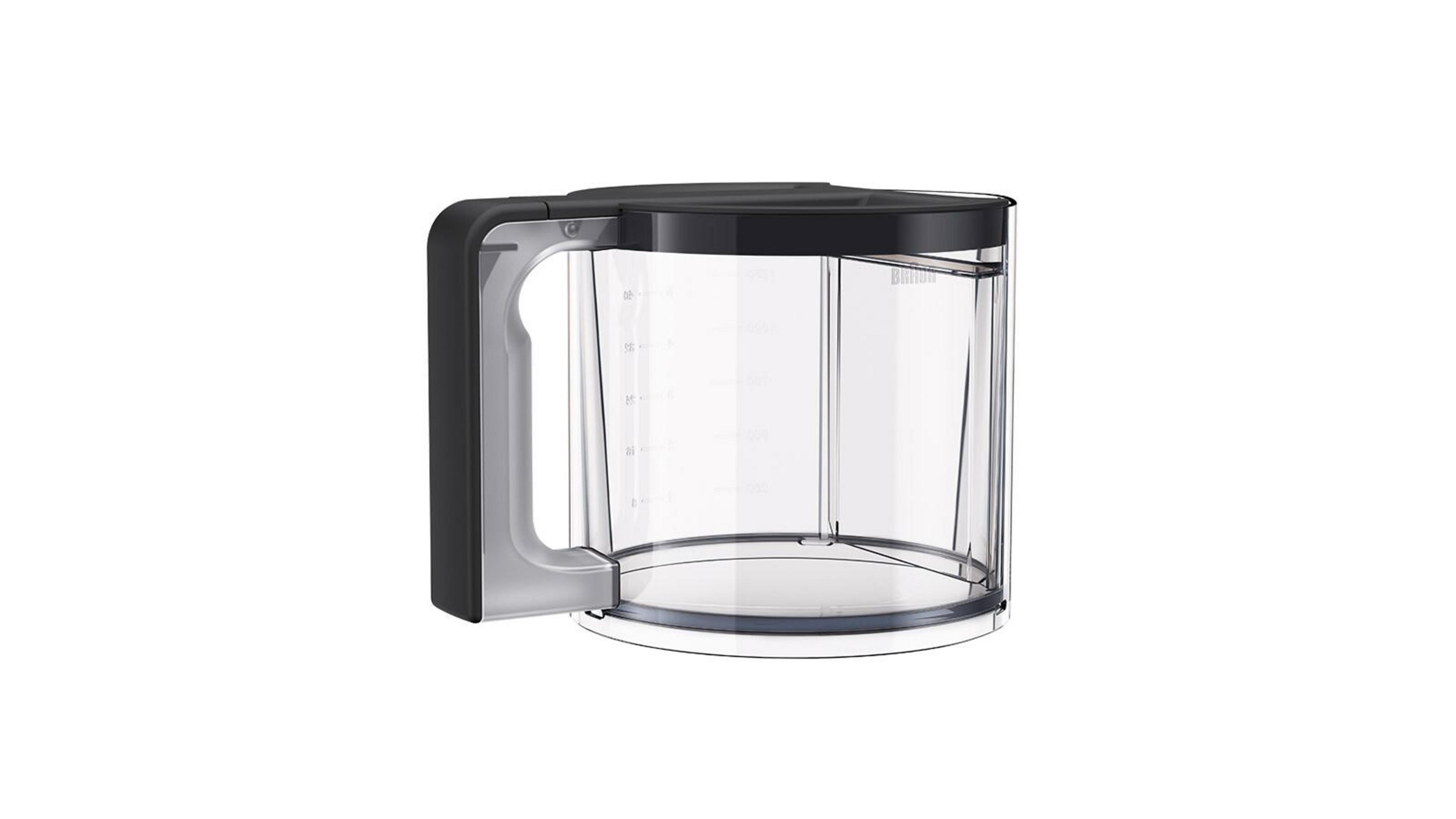 Tanque de agua de plástico transparente con asa negra. El tanque tiene marcas de medición.