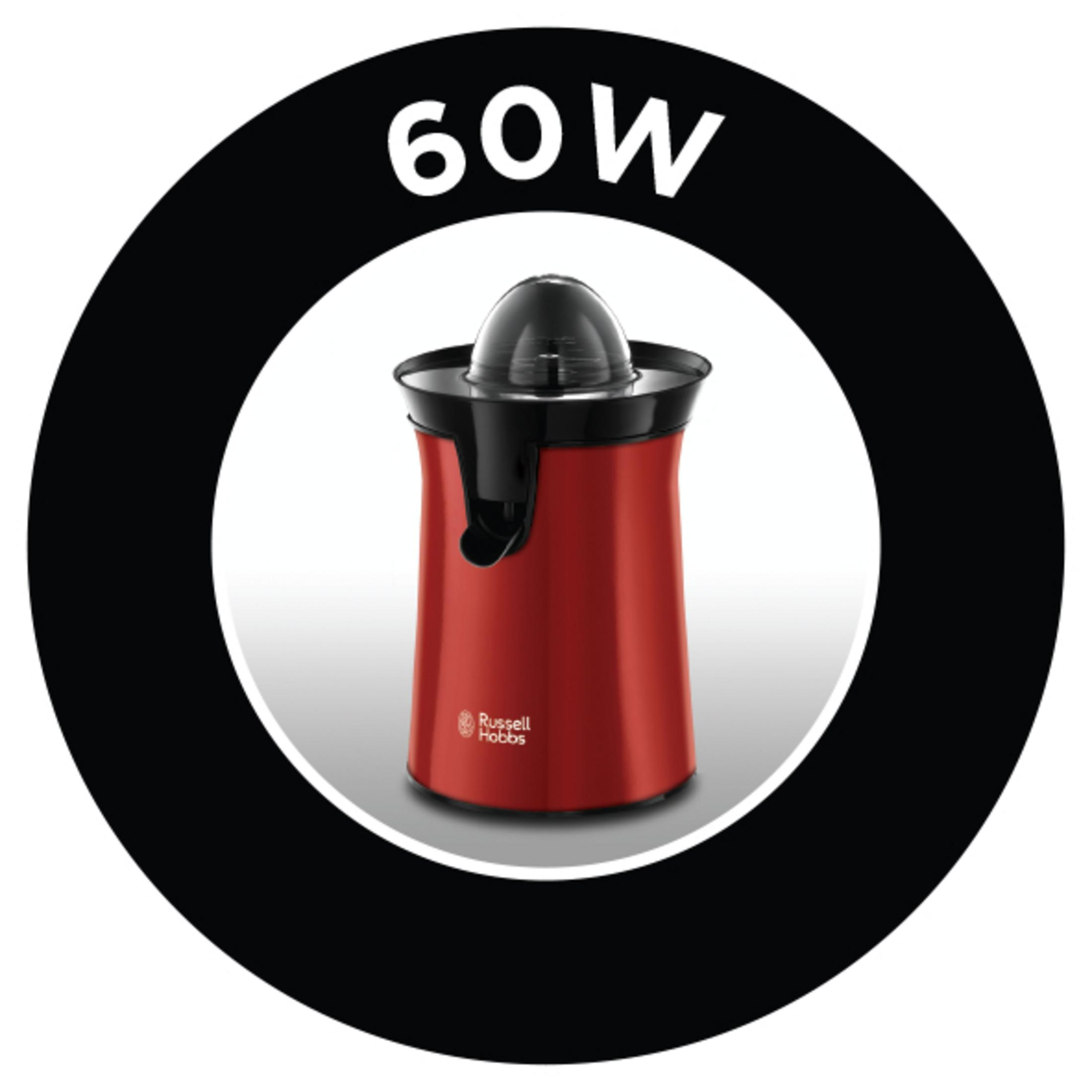 Rote Zitruspresse in einem schwarzen Kreis. Der Text „60W“ steht oben. Der Markenname ist Russell Hobbs.