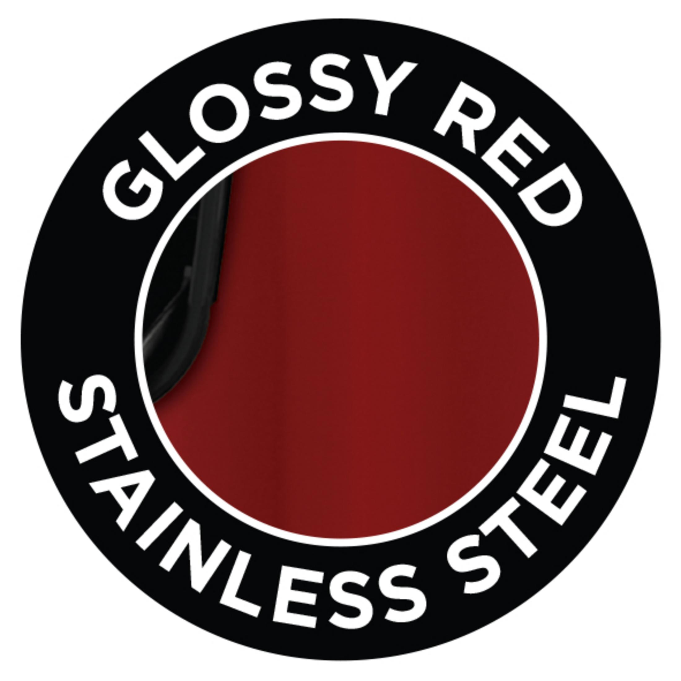 Rote Zitruspresse. Der Text lautet „Glossy Red Stainless Steel“ in einem schwarzen Kreis.