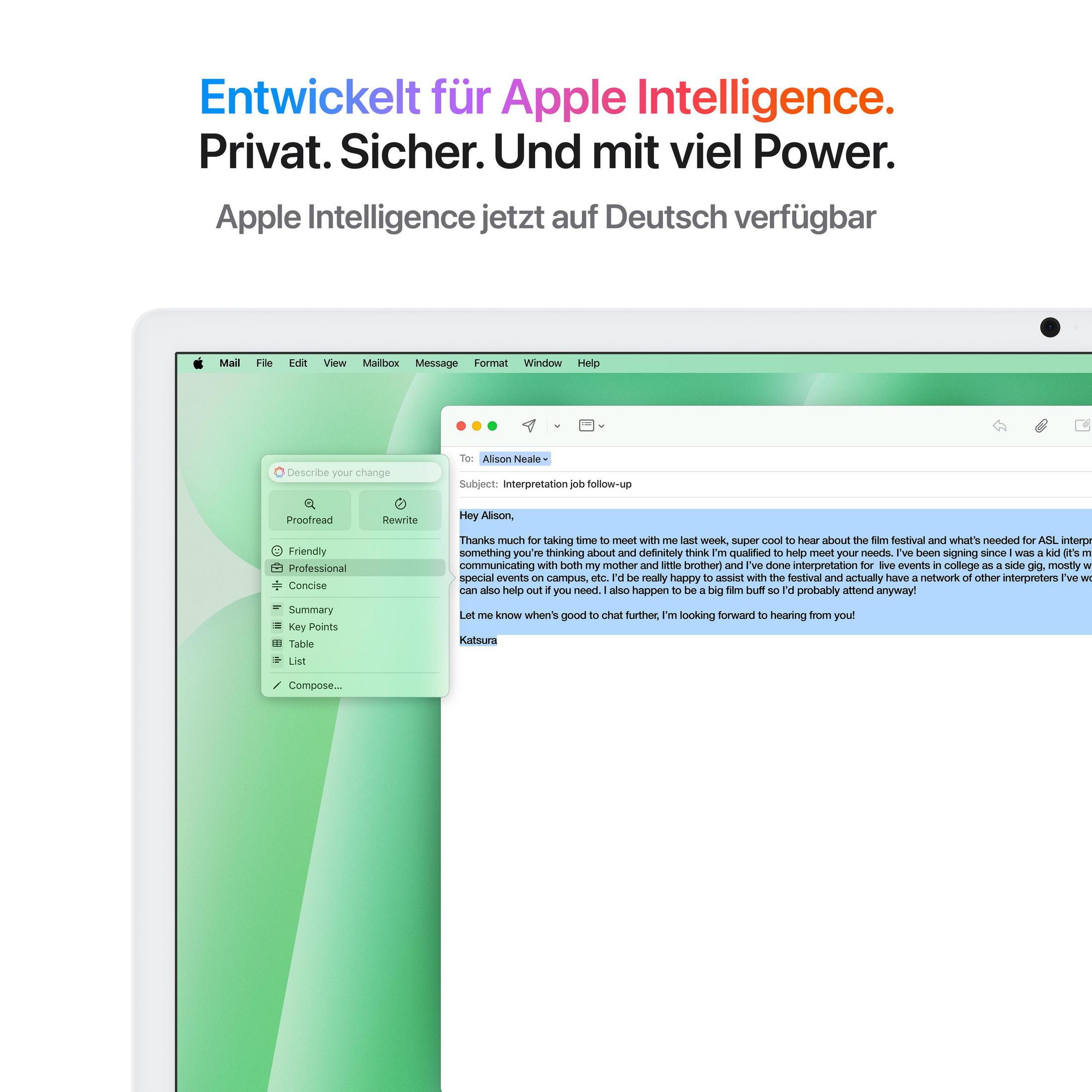 Weißes Tablet mit Text und E-Mail-Oberfläche, Text auf Deutsch, weißer Hintergrund.