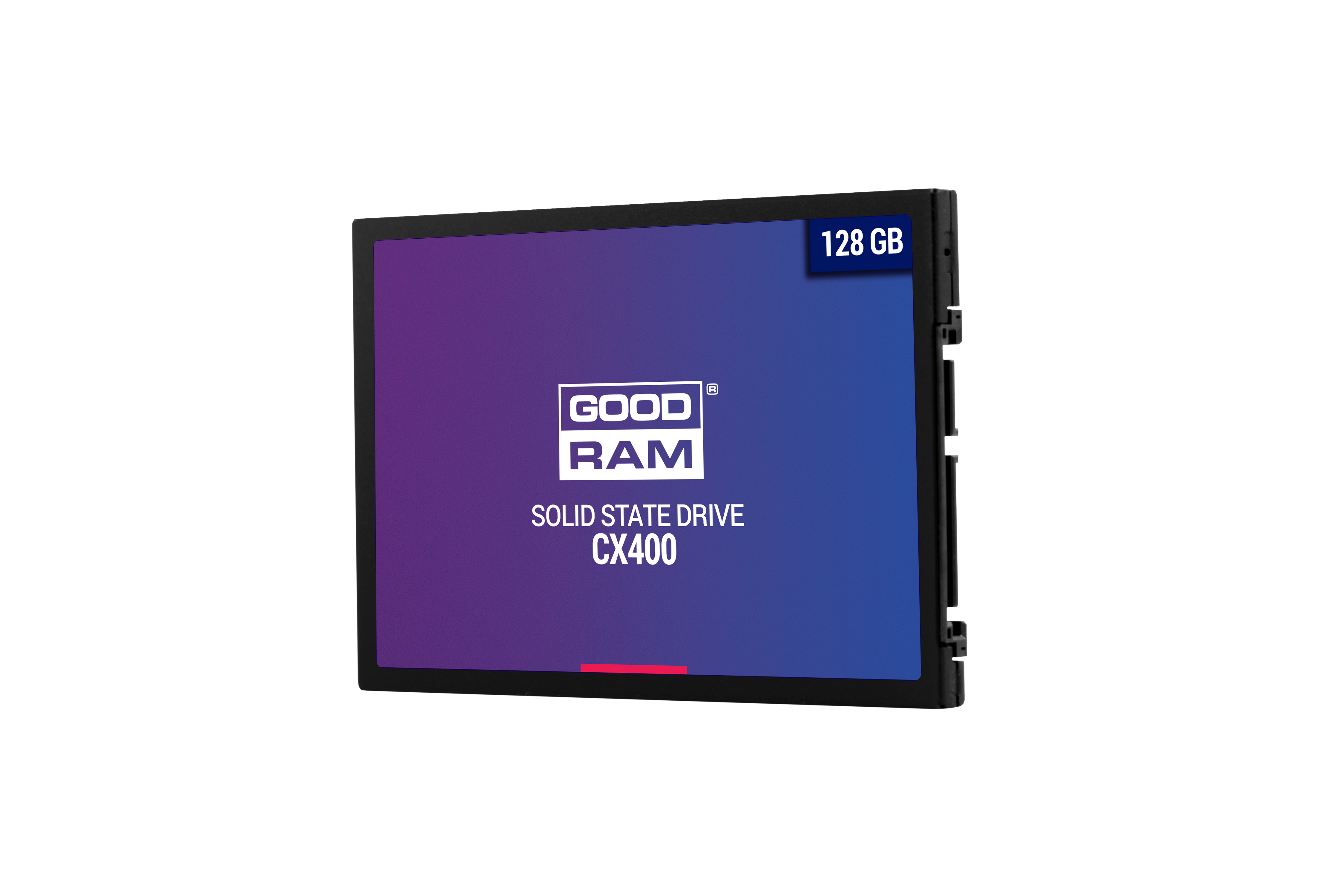 SSD con sfondo sfumato blu-viola. Testo: GOODRAM, Solid State Drive CX400, capacità 128 GB.