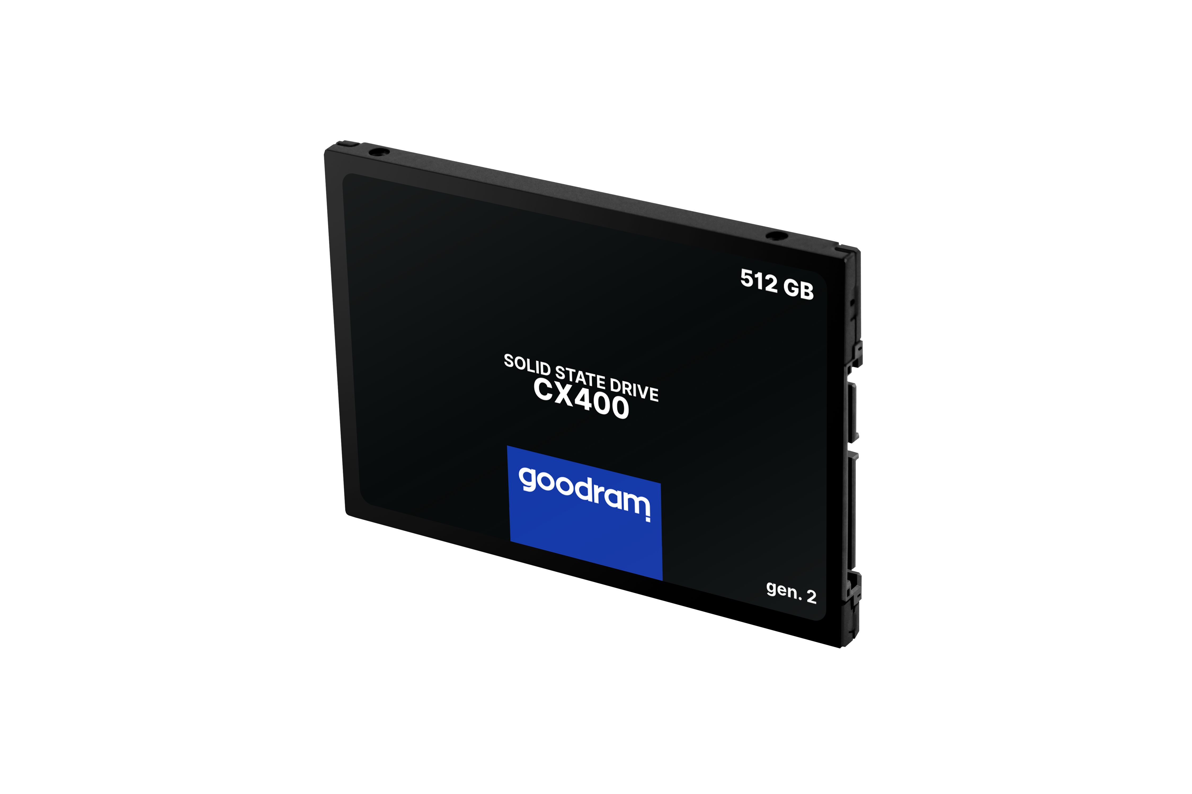 SSD noir. Texte : Solid State Drive CX400, logo goodram, gen 2. Capacité 512 Go.