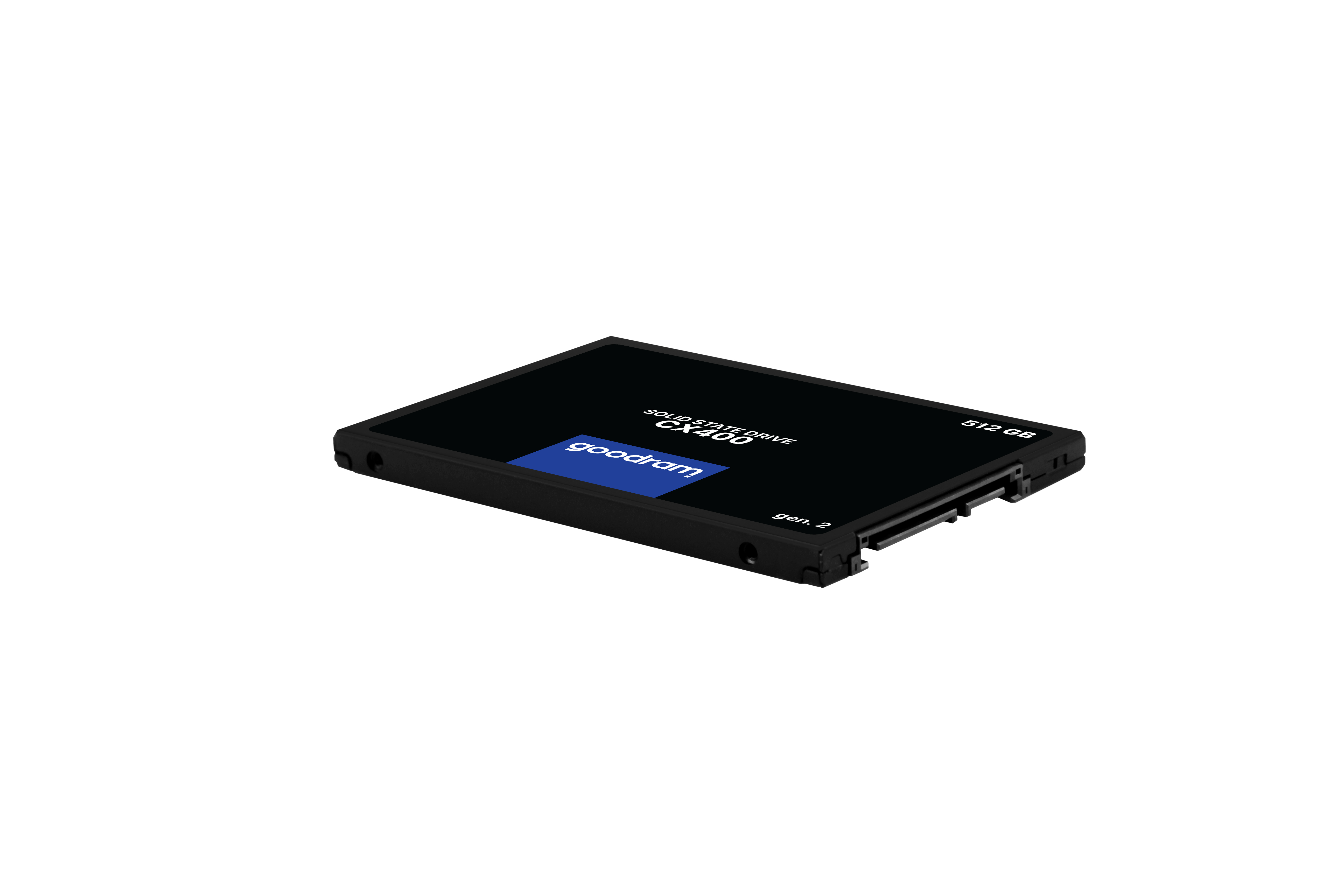 SSD noir sur fond blanc. Le logo goodram est visible sur le SSD.