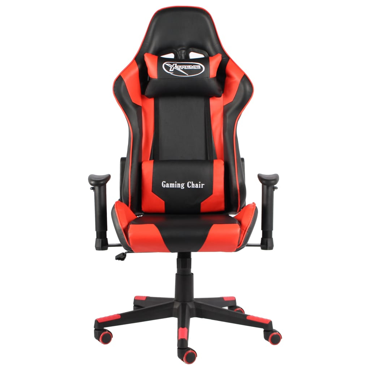 Roter und schwarzer Gaming-Stuhl. Mit Kopfstütze, Lendenwirbelstütze und Armlehnen. Hat eine schwarze Basis mit roten Akzenten.