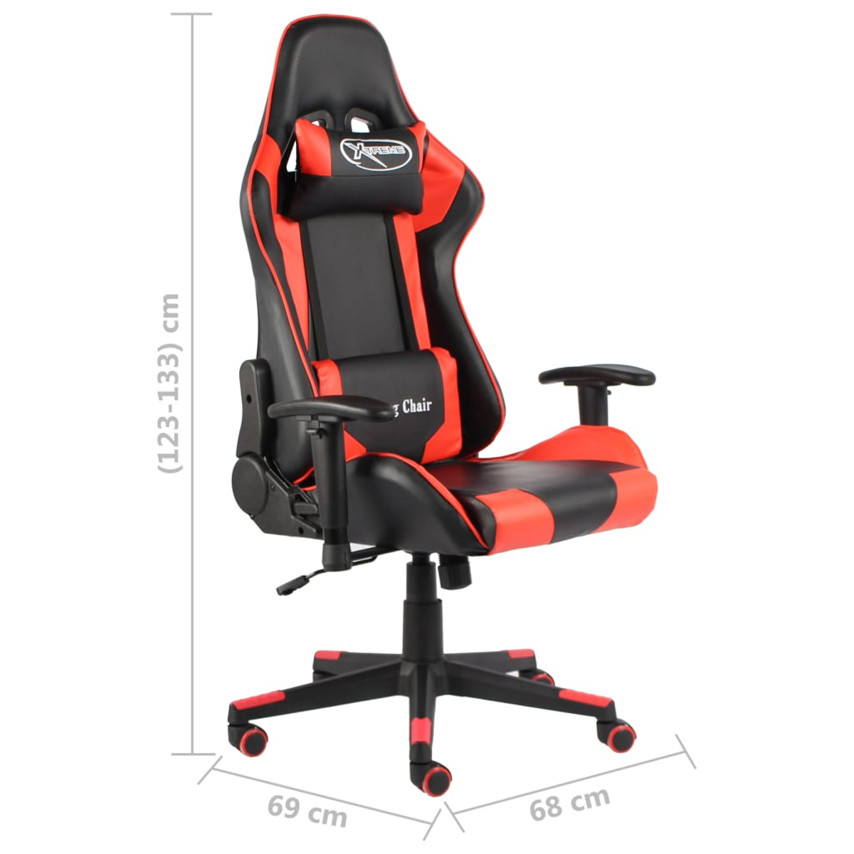 Ein rot-schwarzer Gaming-Stuhl, Maße in cm. Er hat eine Kopfstütze und Lendenwirbelstütze.