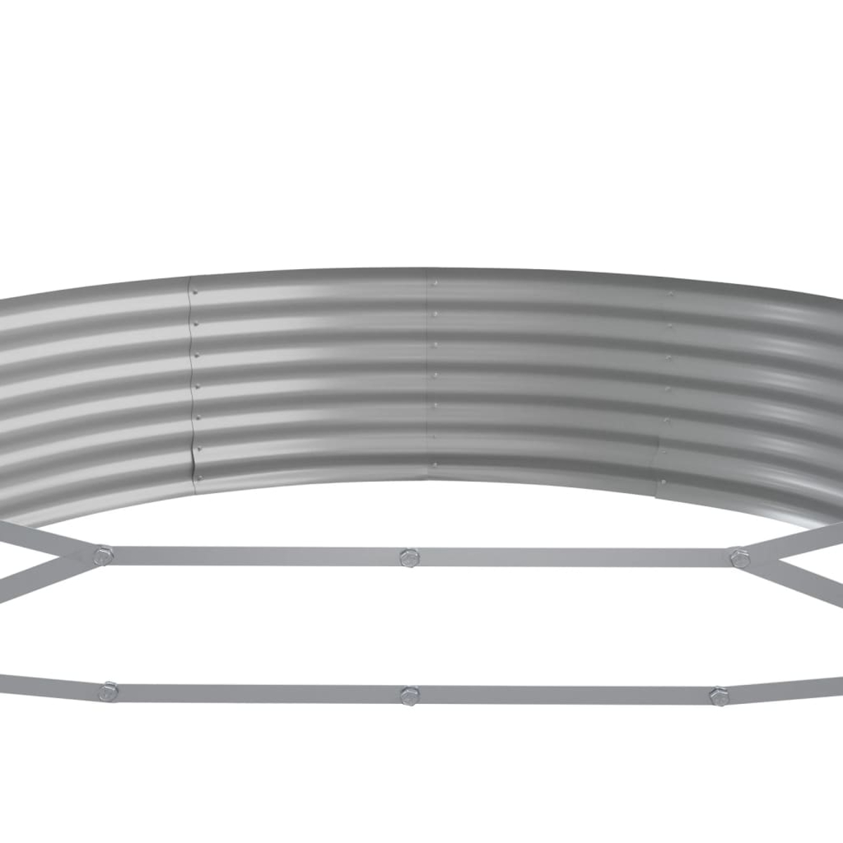 Ein gebogener Metall-Gartenbeetrahmen in Silber, mit genieteter Konstruktion.