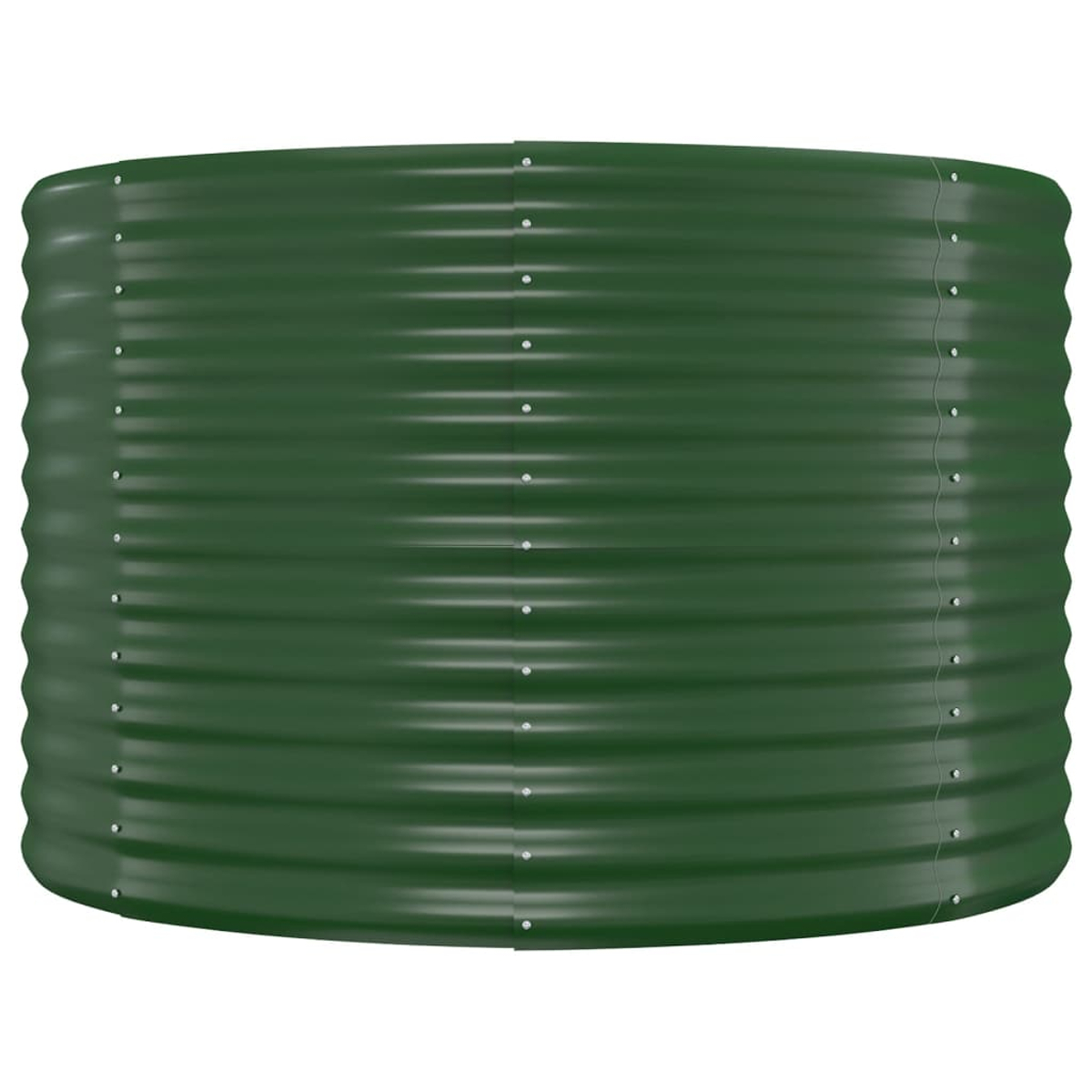 Ein großes, grünes, gewelltes Metall-Gartenbeet. Es hat eine breite, kreisförmige Form und eine dunkelgrüne Farbe.