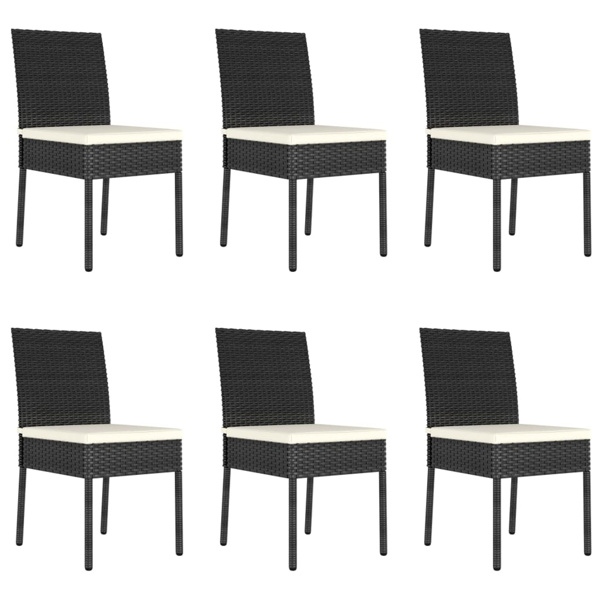 Sechs schwarze Korbstühle mit cremefarbenen Sitzkissen, angeordnet in zwei Reihen.