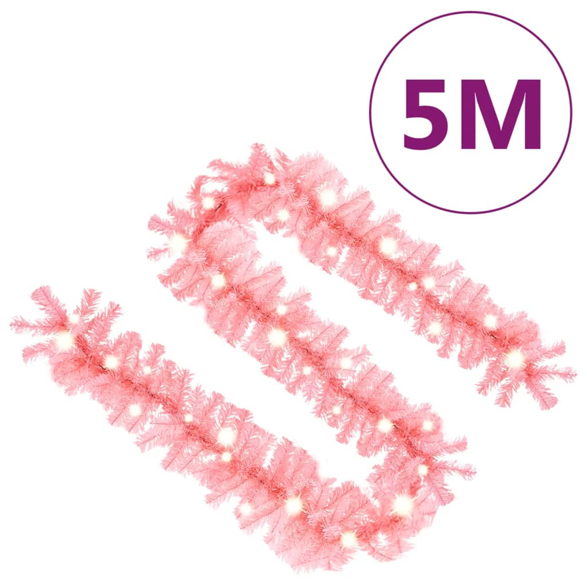 Eine rosa Weihnachtsgirlande mit Lichtern, ein 5M-Etikett in der oberen rechten Ecke.