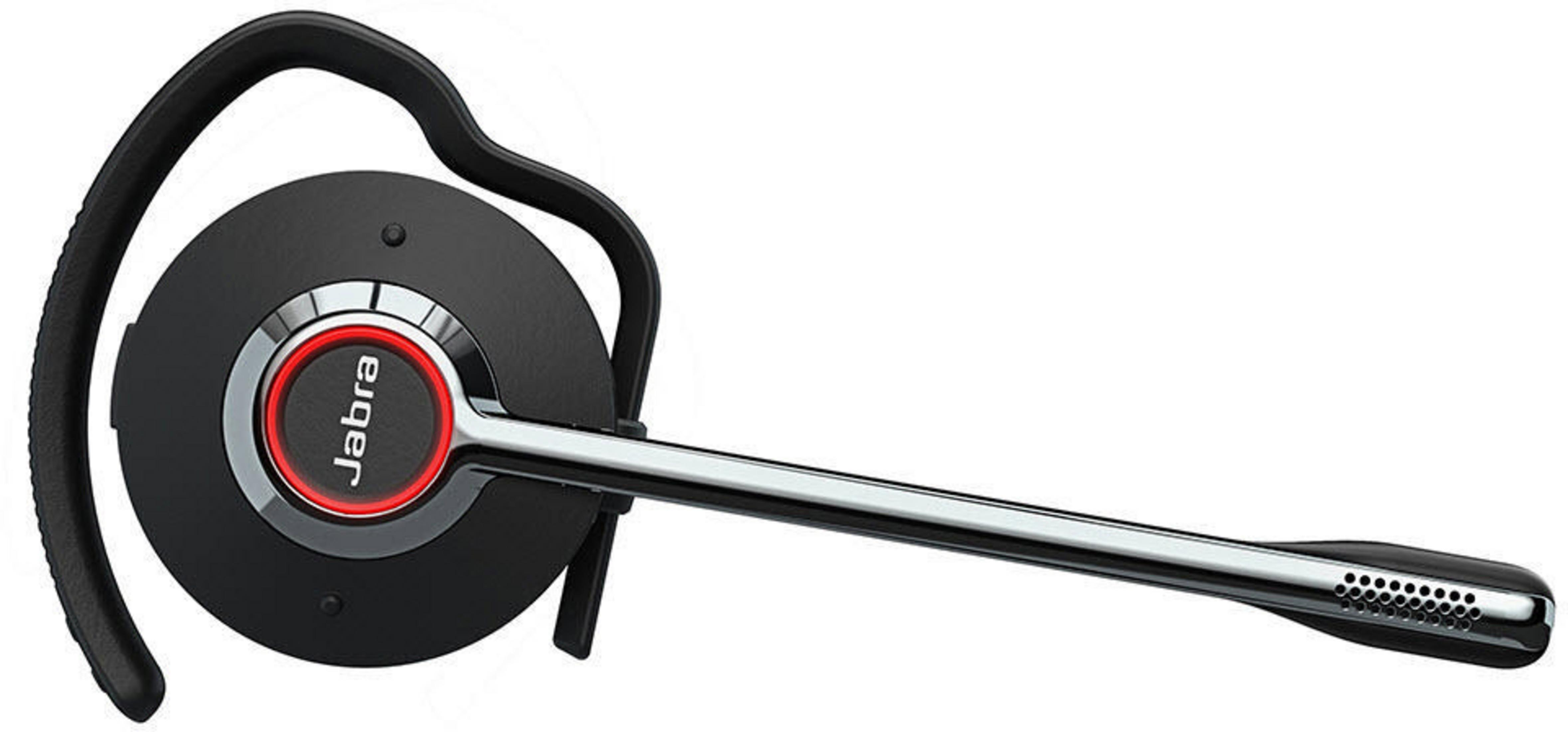 Czarny zestaw słuchawkowy Jabra. Posiada głośnik, mikrofon i podpórkę na głowę.