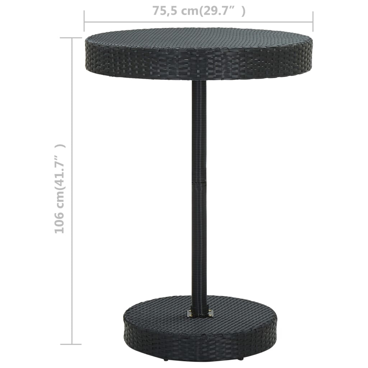 Ein schwarzer Bartisch aus Korbgeflecht mit rundem Aufsatz, Maße: 106 cm x 75,5 cm.