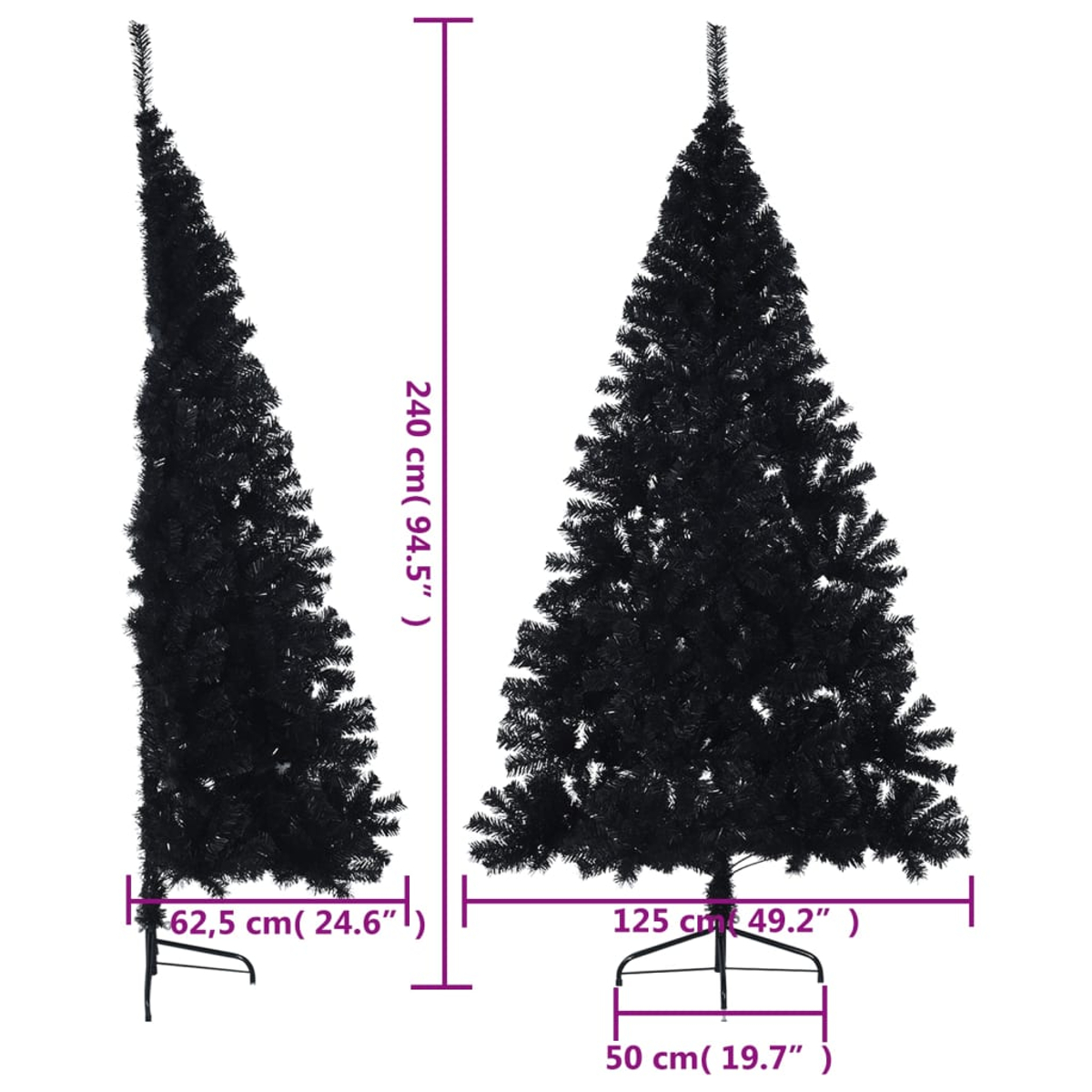 Ein schwarzer Weihnachtsbaum mit Maßangaben in cm und Zoll.
