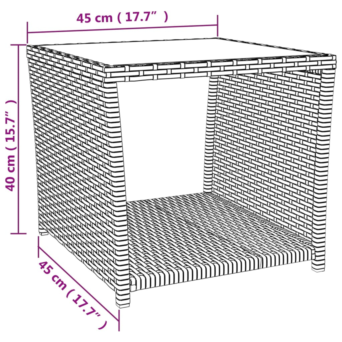 Quadratischer, gewebter Beistelltisch aus Rattan mit Maßangaben.