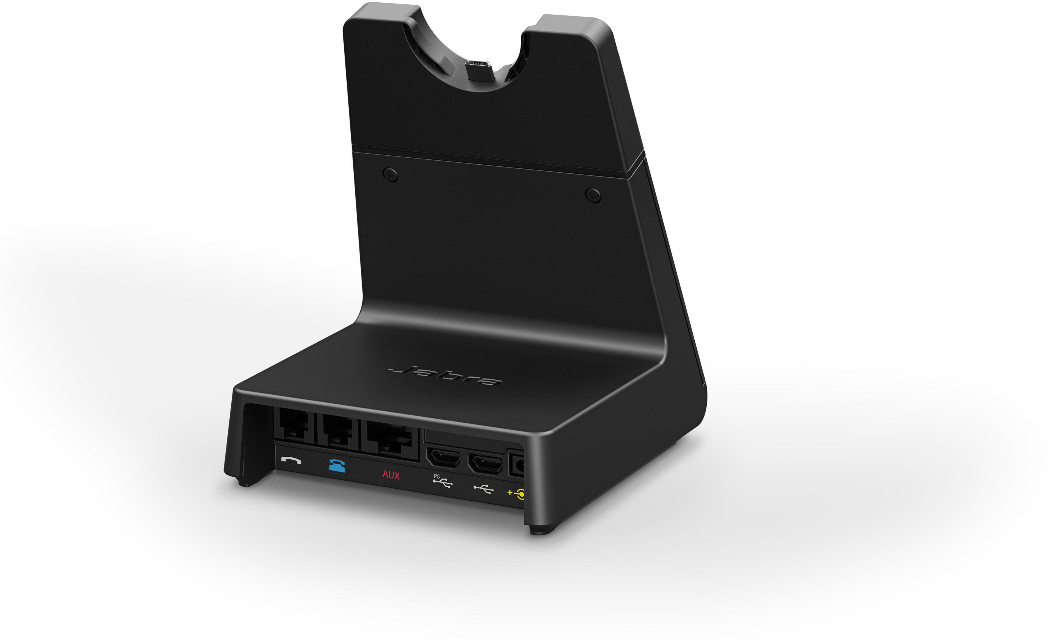 Czarne urządzenie Jabra z wieloma portami. Znajduje się na białej powierzchni i ma futurystyczny design.