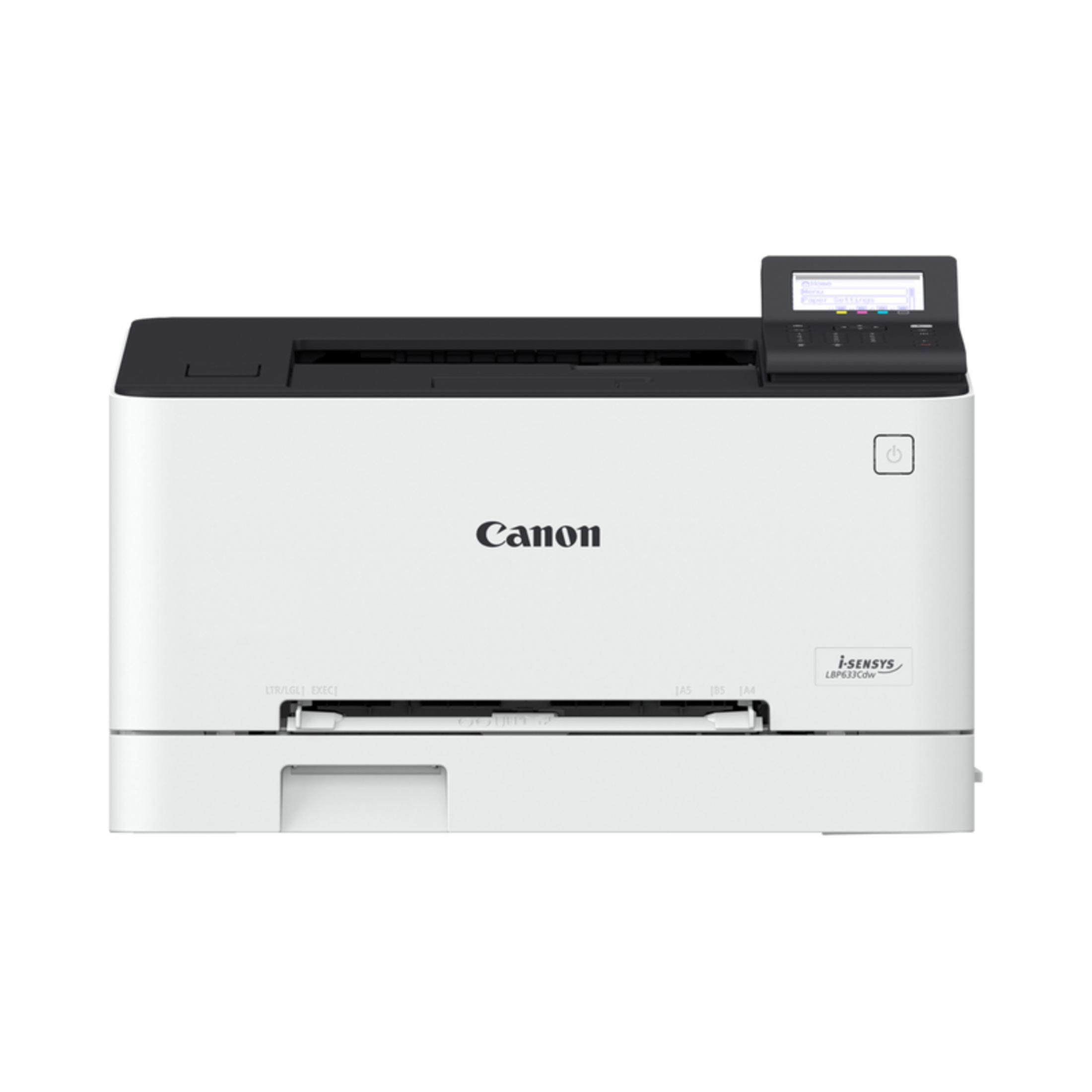 Una stampante laser a colori Canon con pannello di controllo e logo i-SENSYS.
