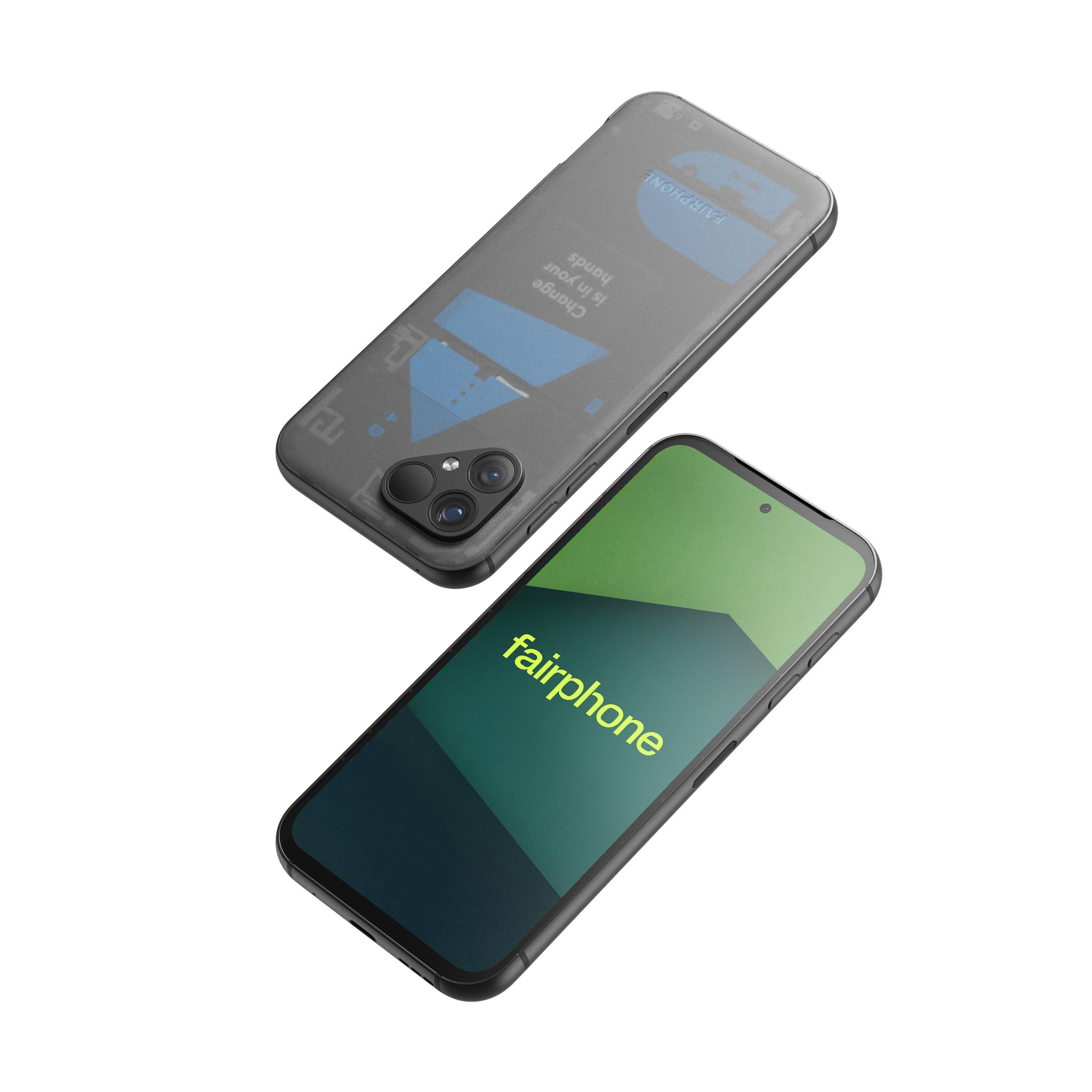 Zwei schwarze Fairphones, eines vorne mit Logo auf dem Bildschirm, ein anderes mit Rückseitendesign.