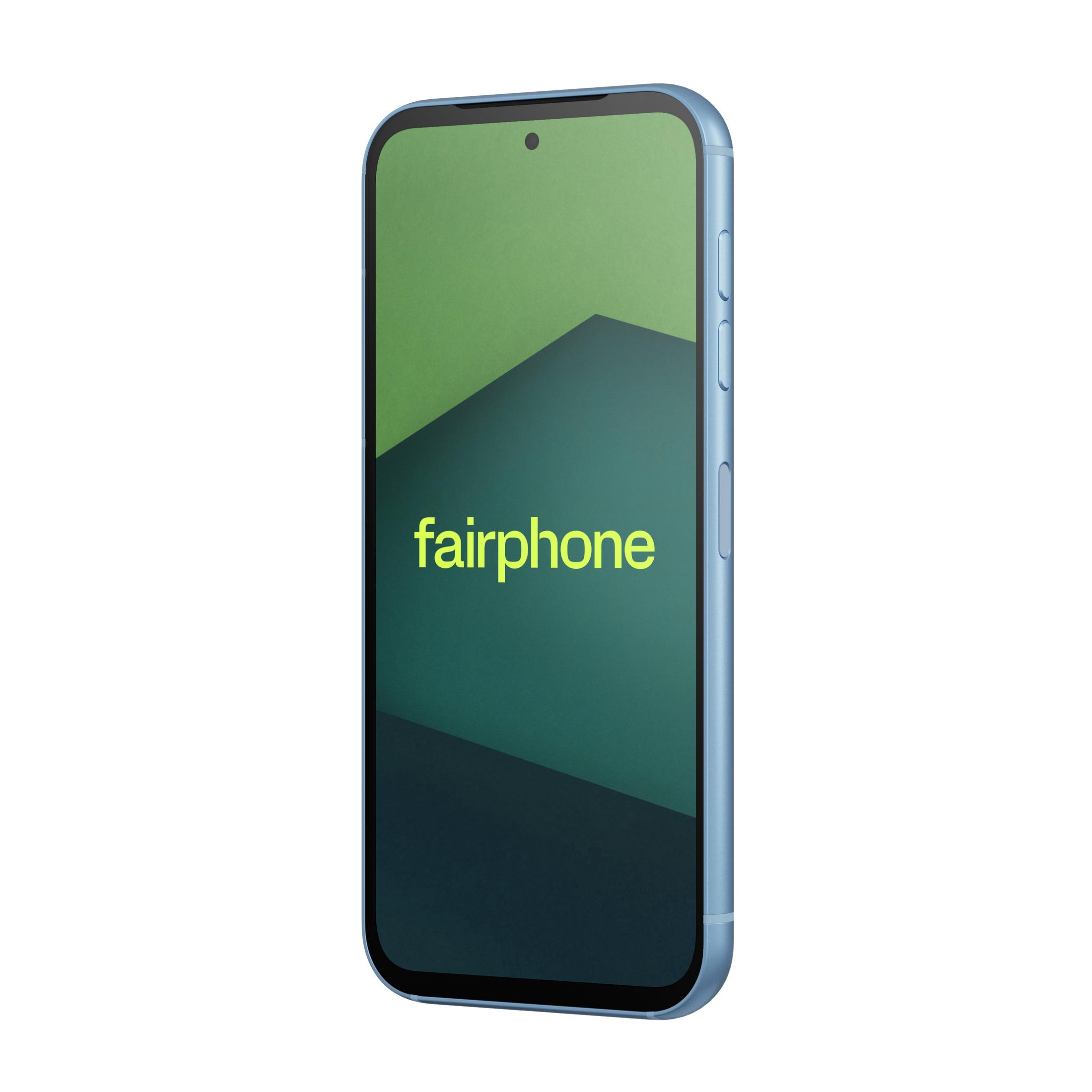 Blaues Fairphone, Seitenansicht, zeigt ein grünes und dunkelgrünes geometrisches Muster auf dem Bildschirm.