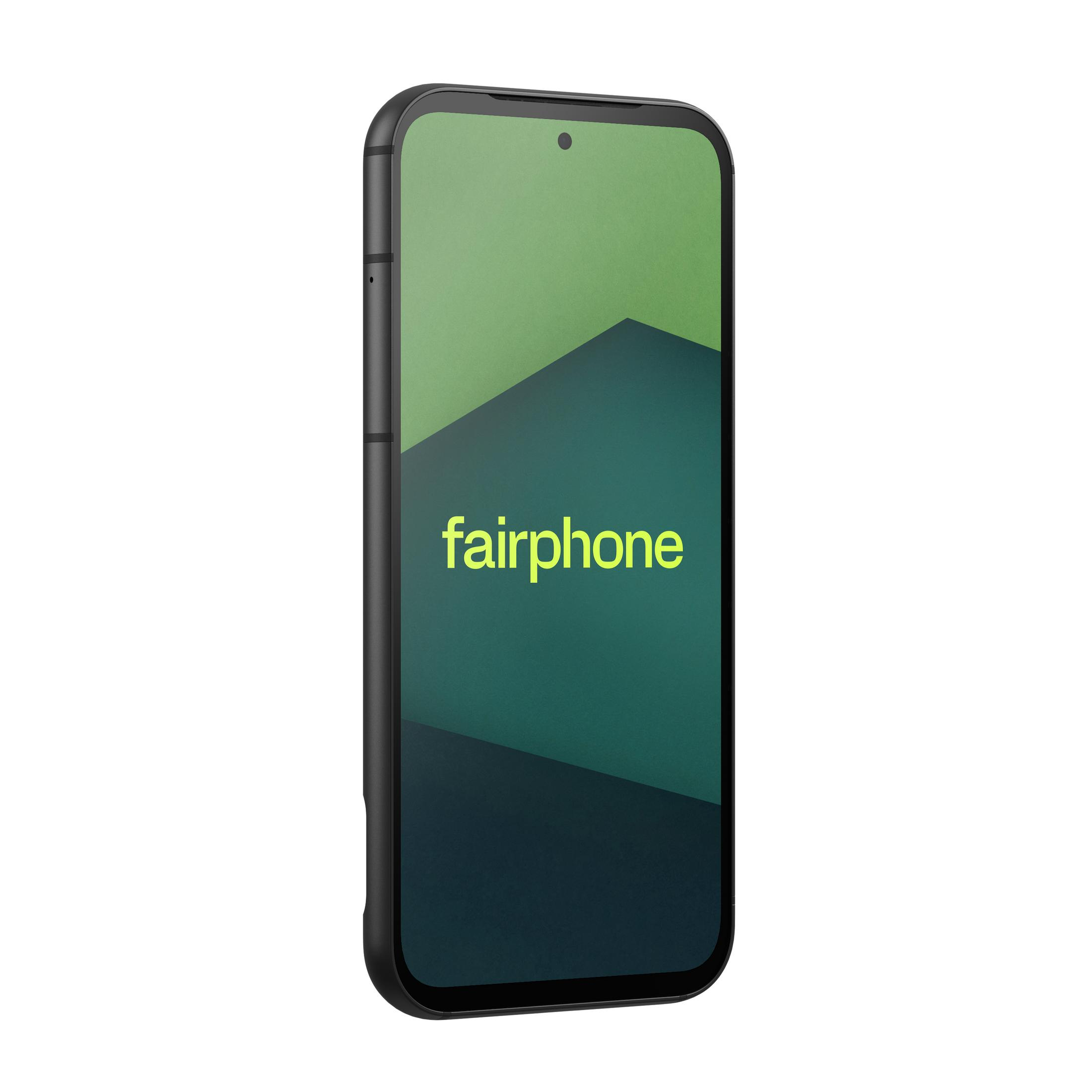 Czarny smartfon Fairphone, lekko pochylony, z zielono-czarną abstrakcyjną tapetą.
