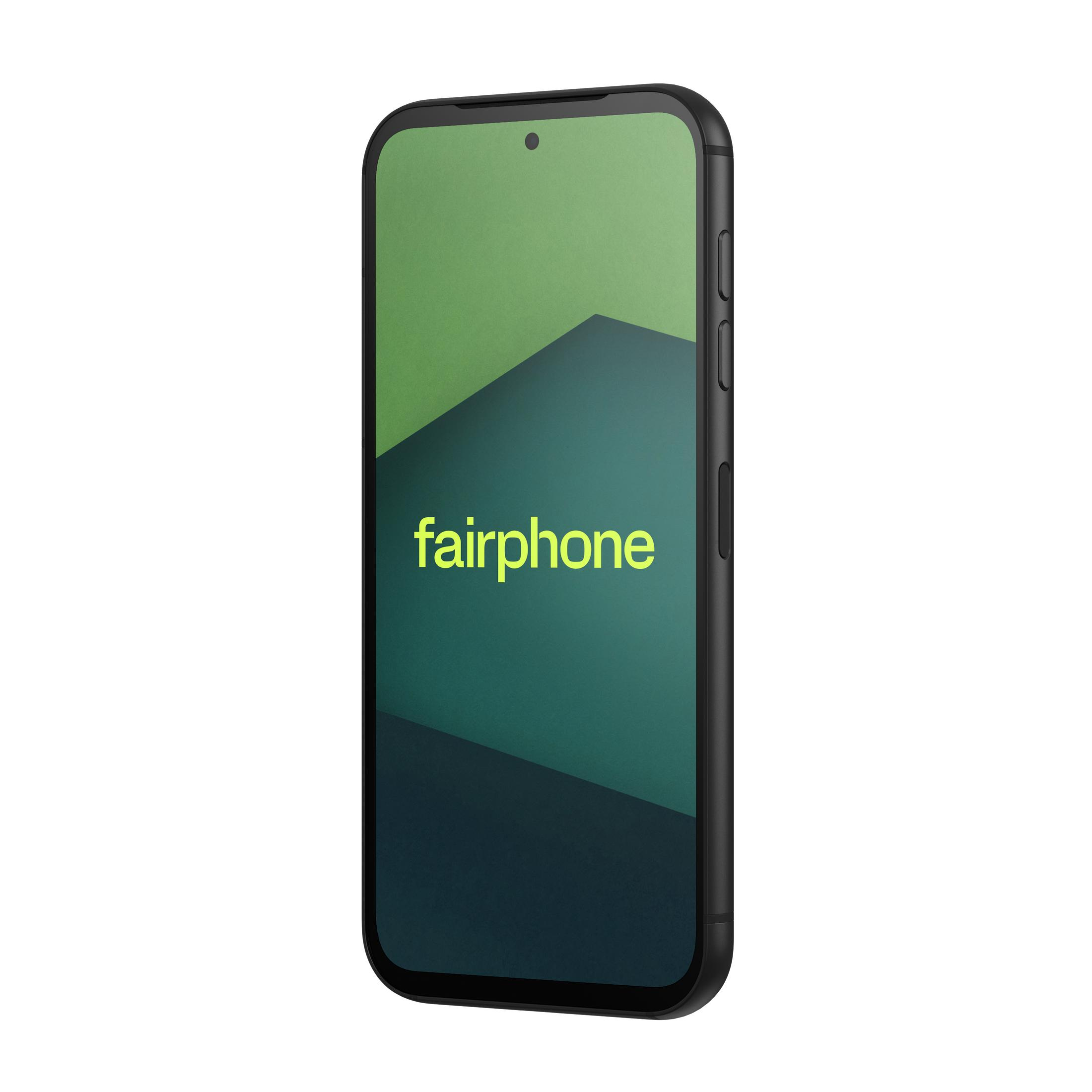 Czarny Fairphone z zielonym i ciemnozielonym geometrycznym tłem.