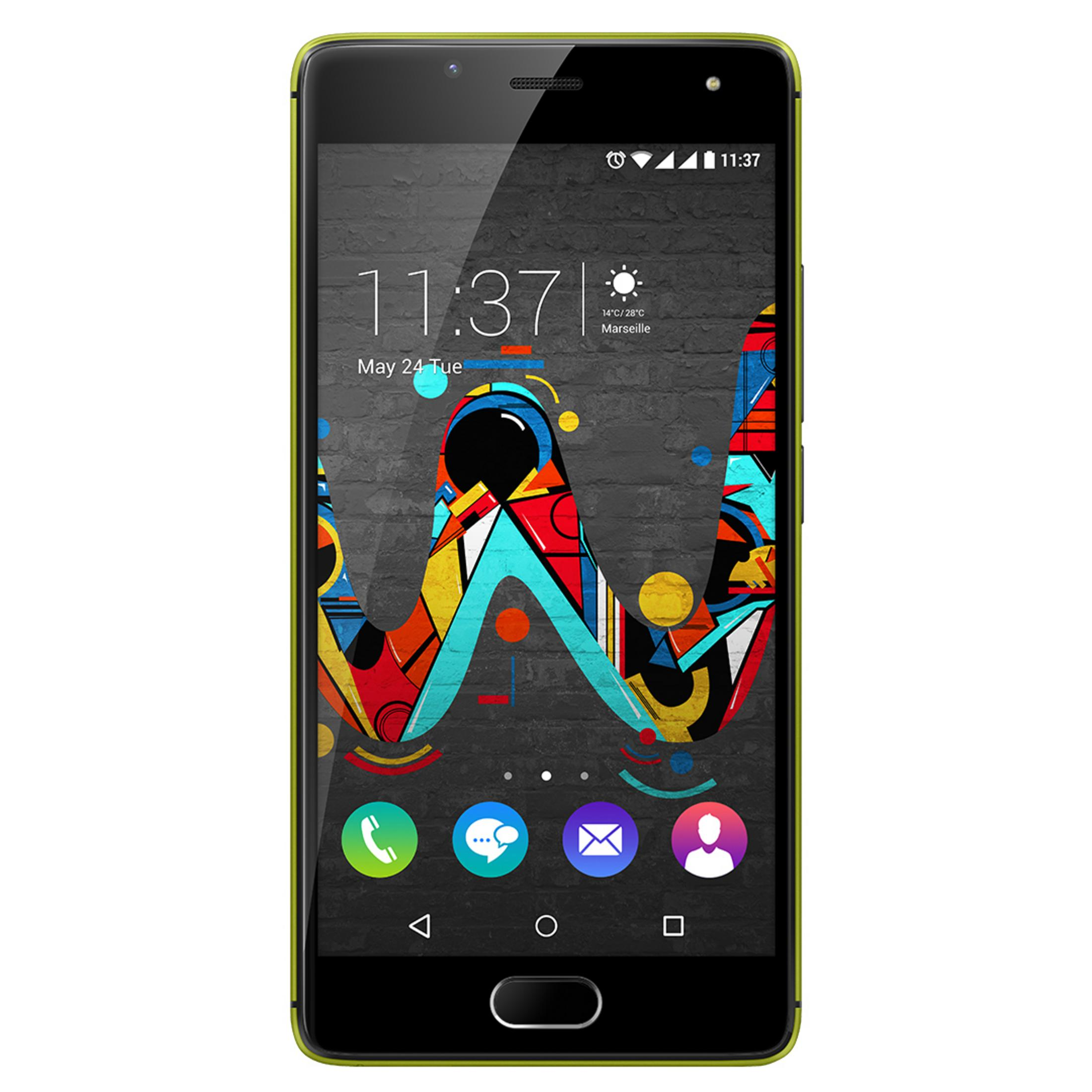Smartphone con logo W colorato sullo schermo. L'ora è 11:37. Cornice verde.