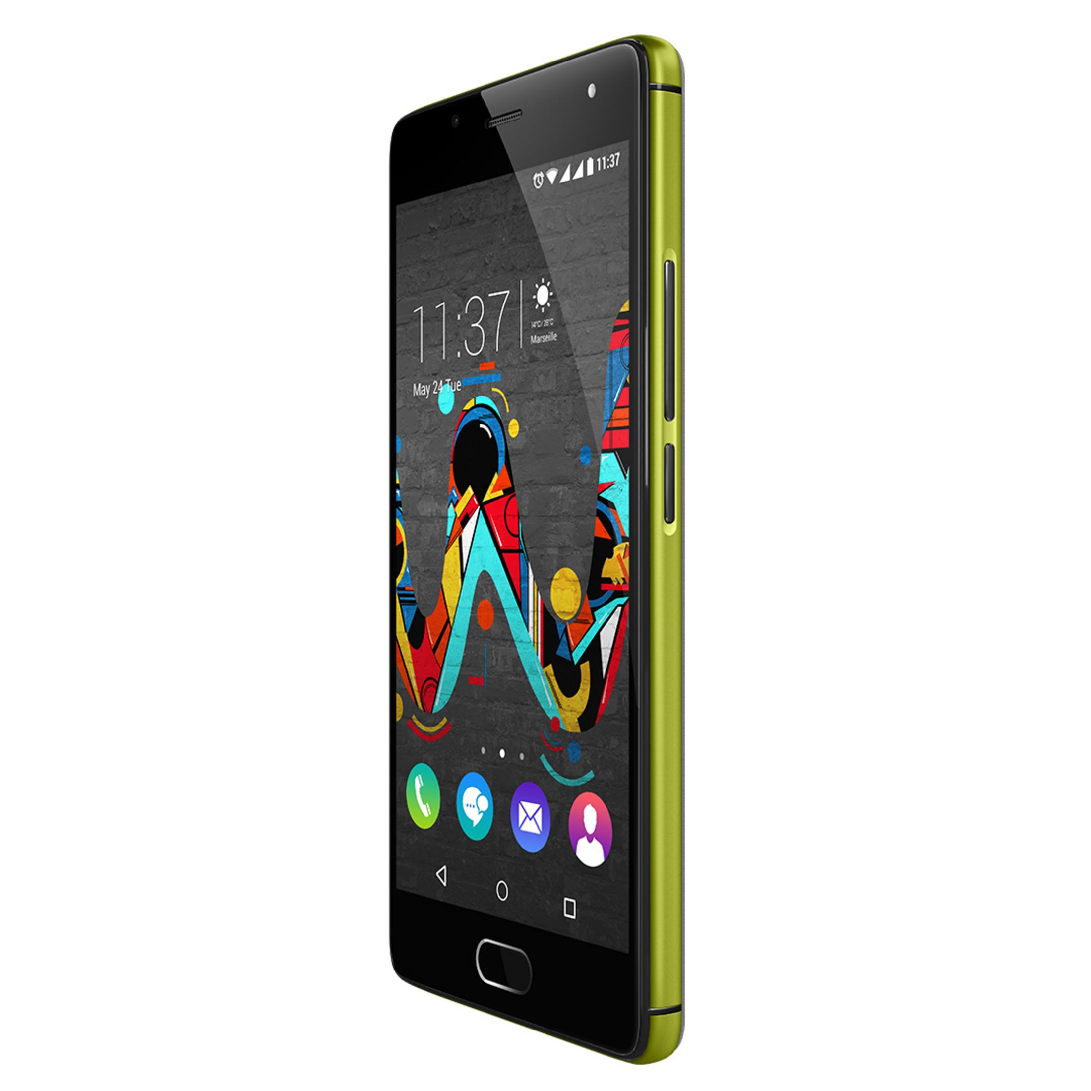Vista laterale di uno smartphone verde. Schermo nero con orologio. Lato con pulsanti.
