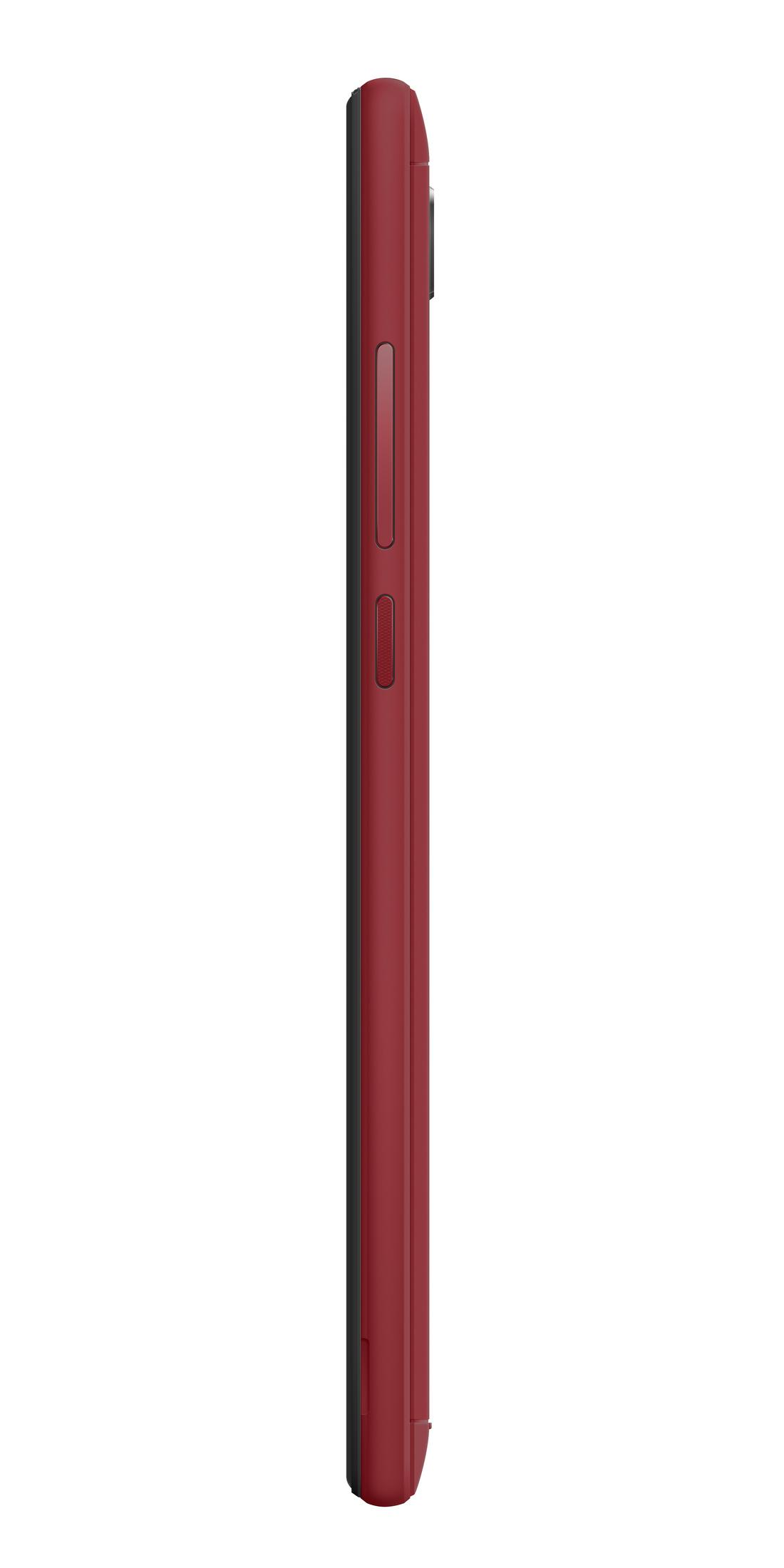 Vista laterale di smartphone rosso. Lato con pulsanti volume e accensione. Design sottile.