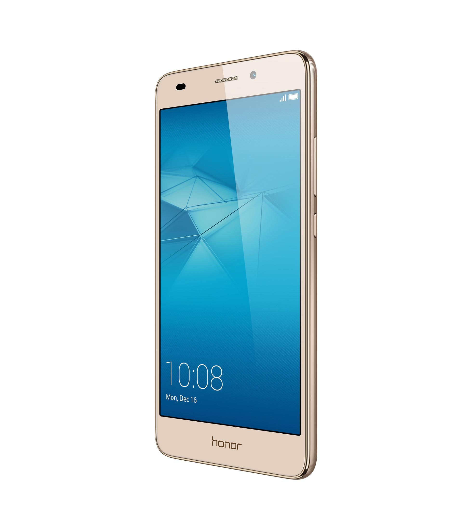Goldenes Smartphone auf weißem Hintergrund. Display zeigt die Uhrzeit 10:08 und blauen Hintergrund.