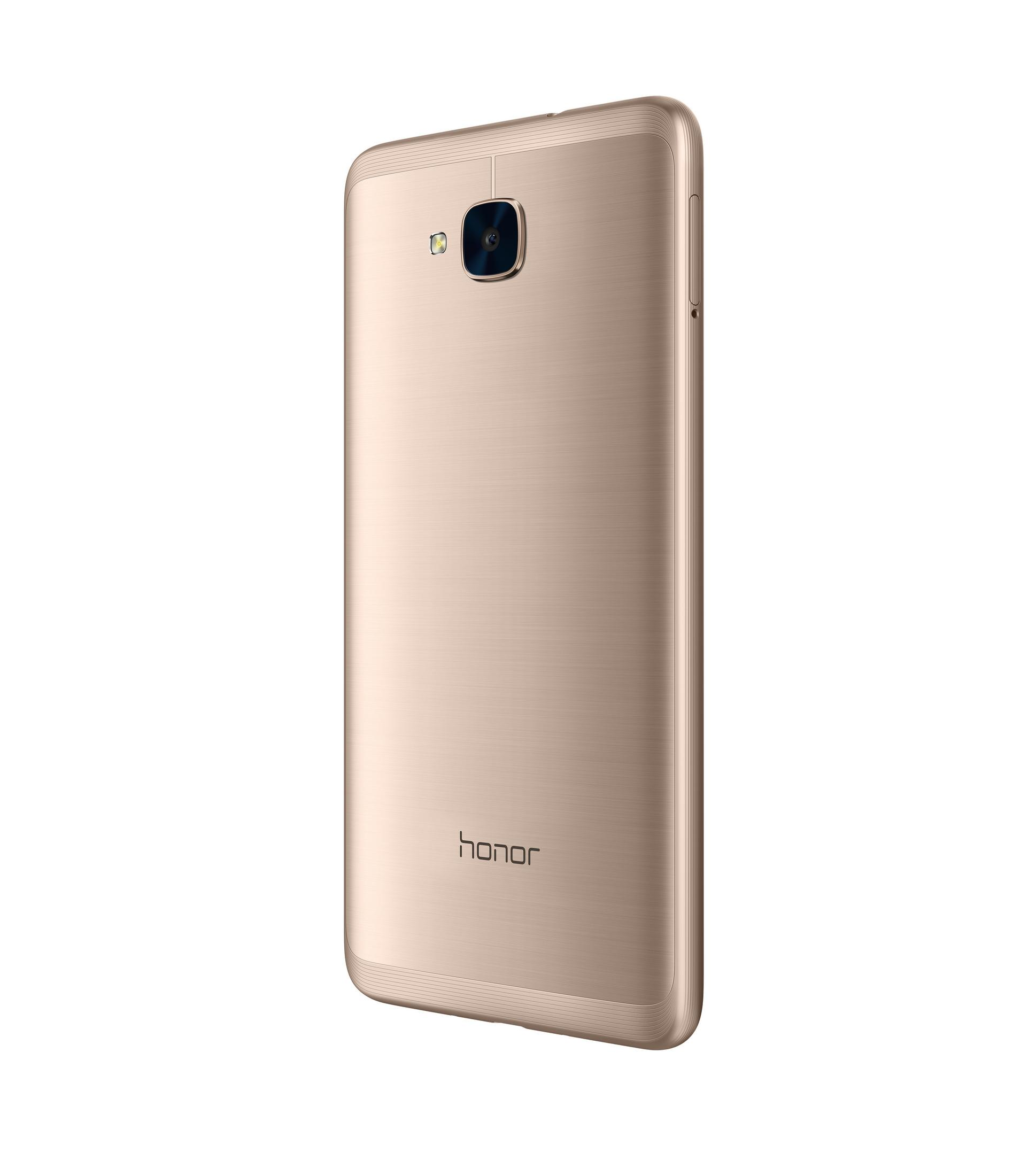Goldene Smartphone-Rückseite auf weißem Hintergrund. Honor-Logo unten. Einfaches Design.