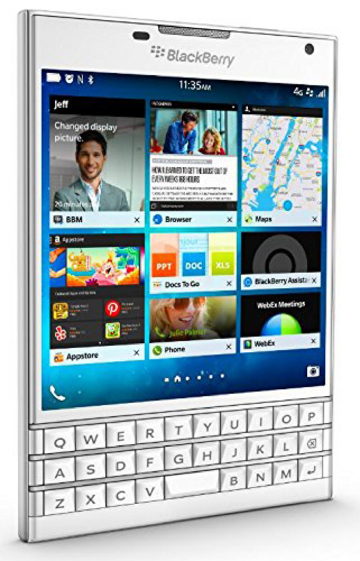 Biały telefon BlackBerry z ekranem dotykowym, klawiaturą i ikonami. Pokazuje godzinę.