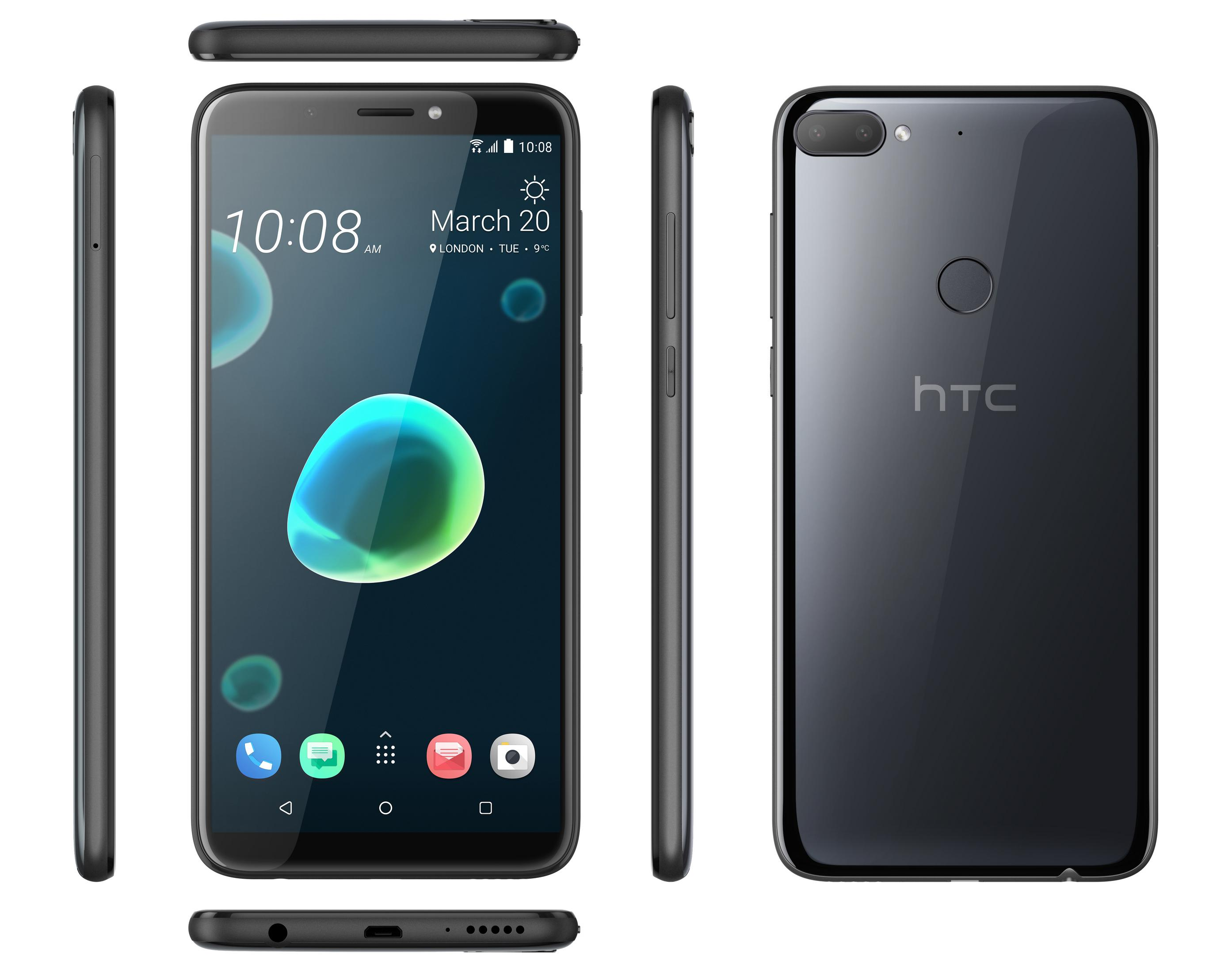 Schwarzes HTC-Telefon, das Uhrzeit und Datum anzeigt, mehrere Ansichten. Schwarzer Hintergrund.