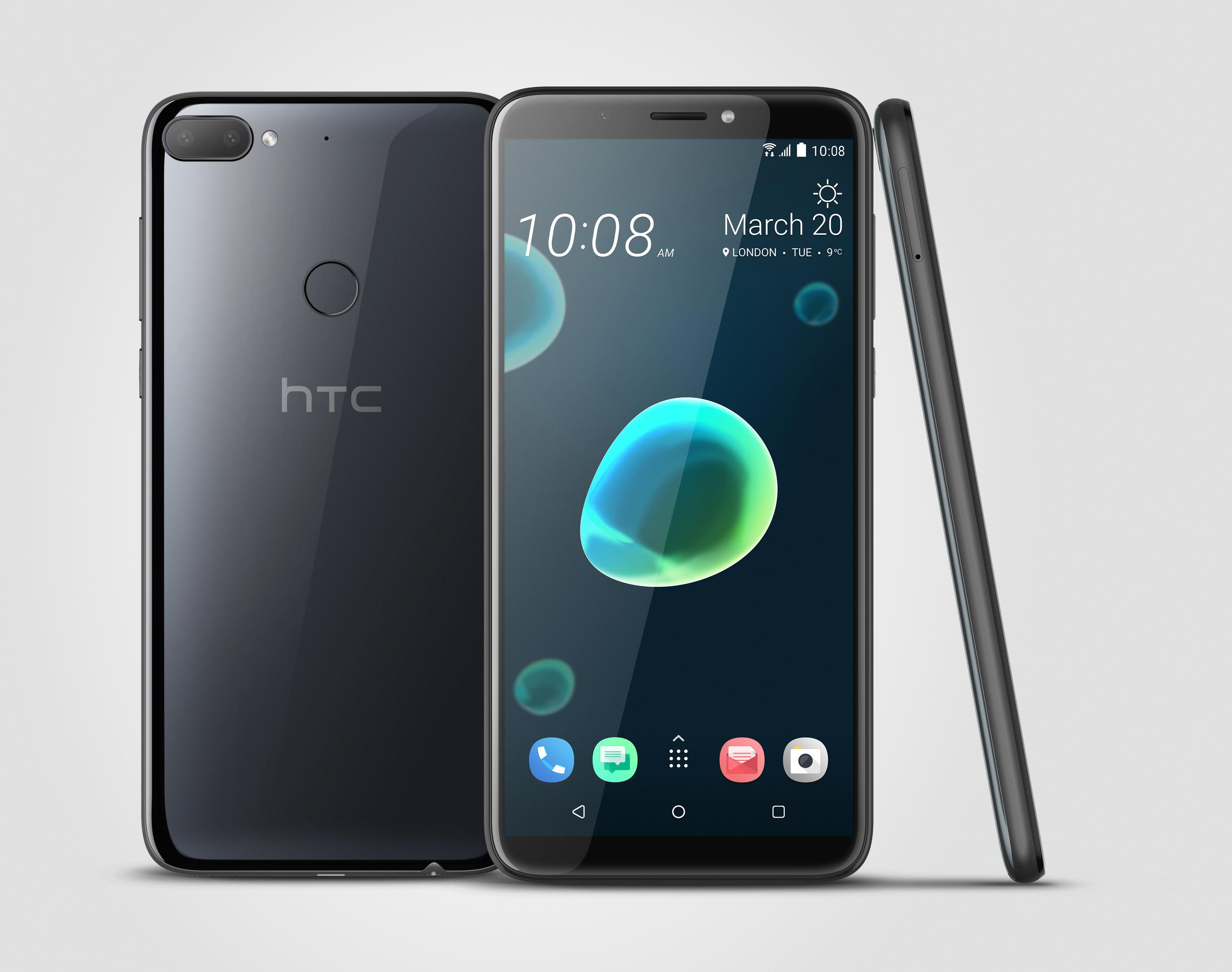 Dunkelgraues HTC-Telefon mit mehreren Ansichten. Zeigt Uhrzeit und Datum auf dem Bildschirm.