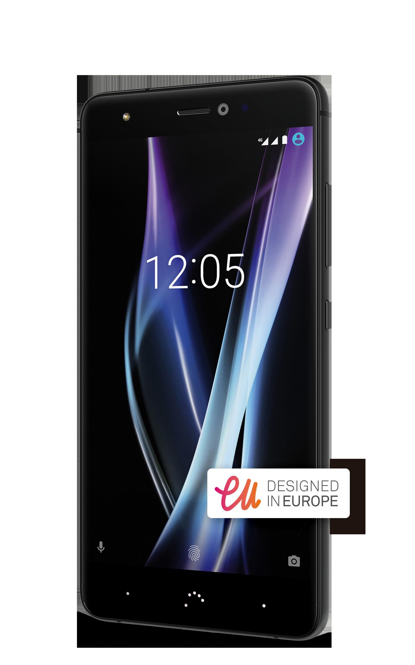 Schwarzes Smartphone mit lila und weißem abstraktem Design auf dem Bildschirm. Zeigt die Uhrzeit.