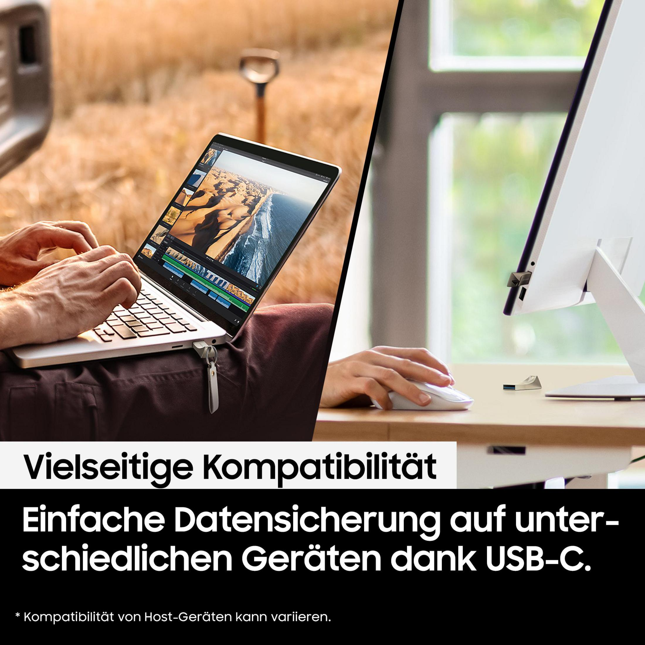 Das Bild zeigt einen Laptop und einen Desktop und betont die USB-C-Kompatibilität und Datensicherheit.
